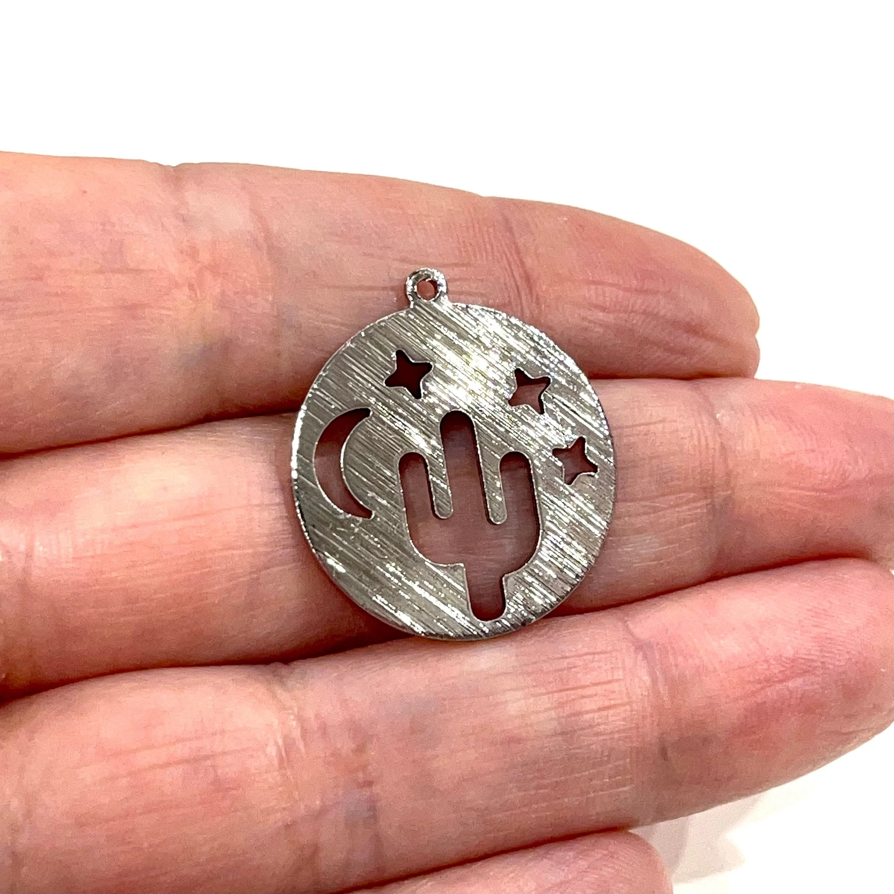 Moon,Sun&Cactus Silver Plated Textured Brass Pendant, Moon,Sun and Cactus Silver Charm