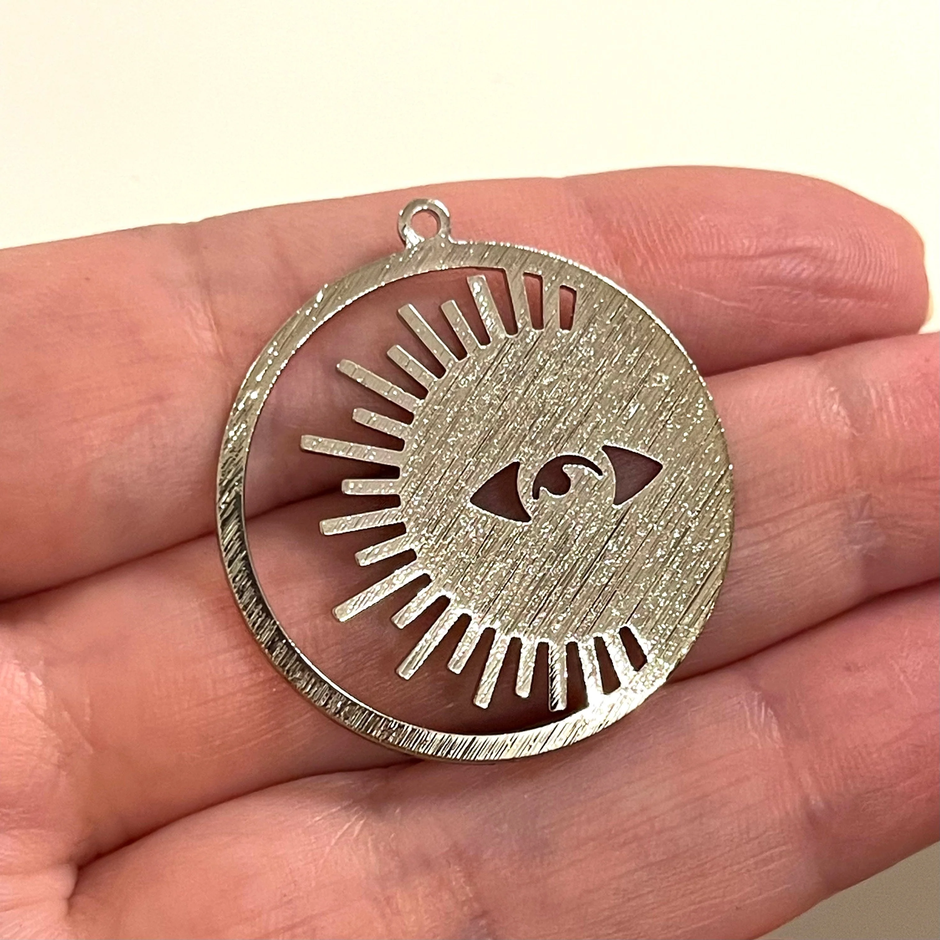 Moon&Sun Silver Plated Textured Brass Pendant, Moon and Sun Silver Charm