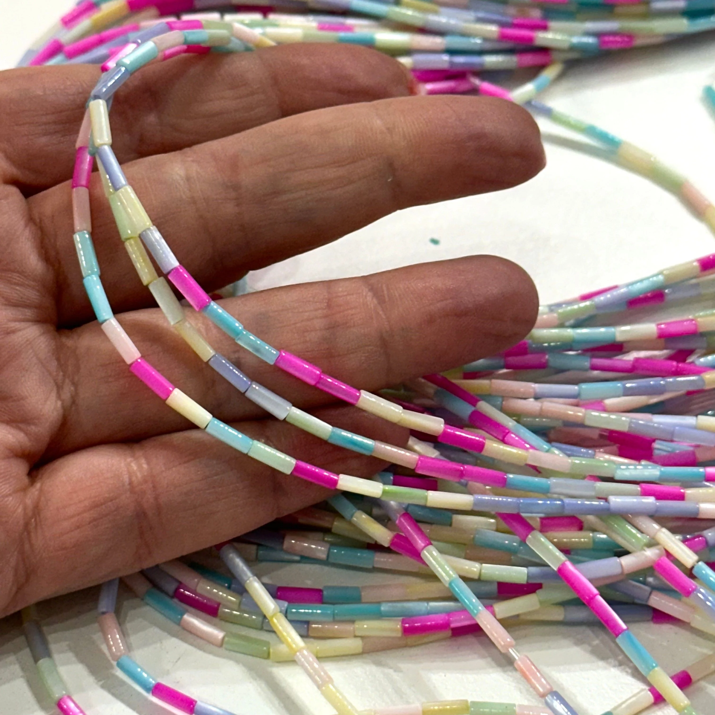 Mother Of Pearl Cylinder Beads, Pastel Colored Cylinder, 62 Beads Strand