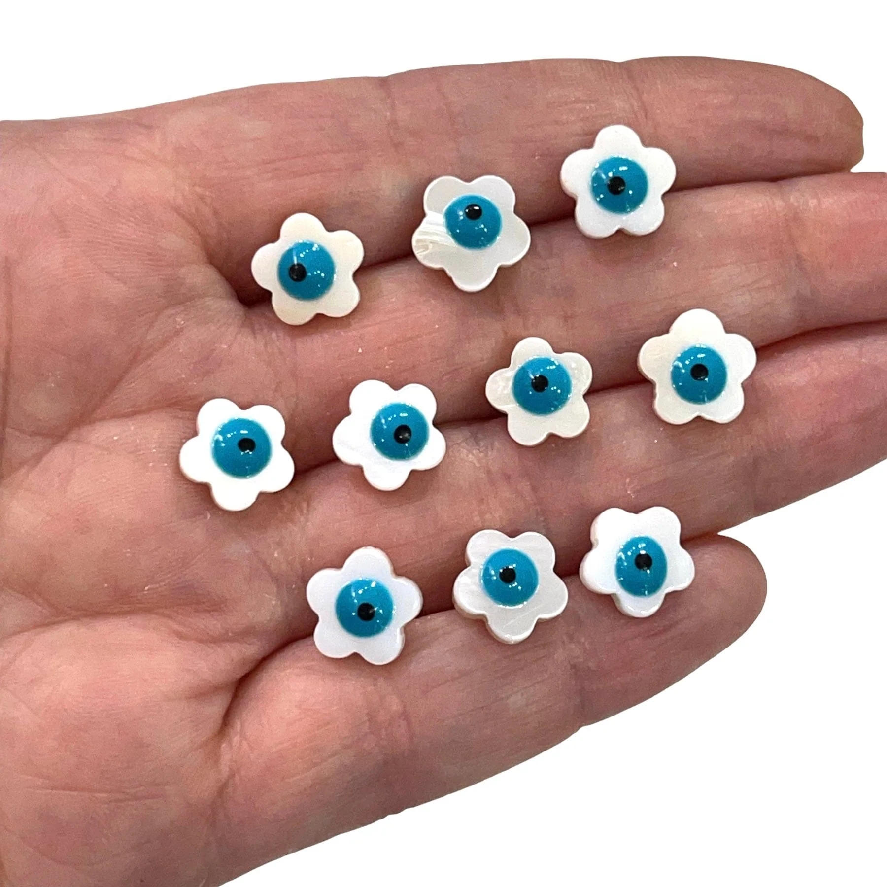 Mother Of Pearl Natural Flower Beads With Evil Eye, 10 Beads in a pack