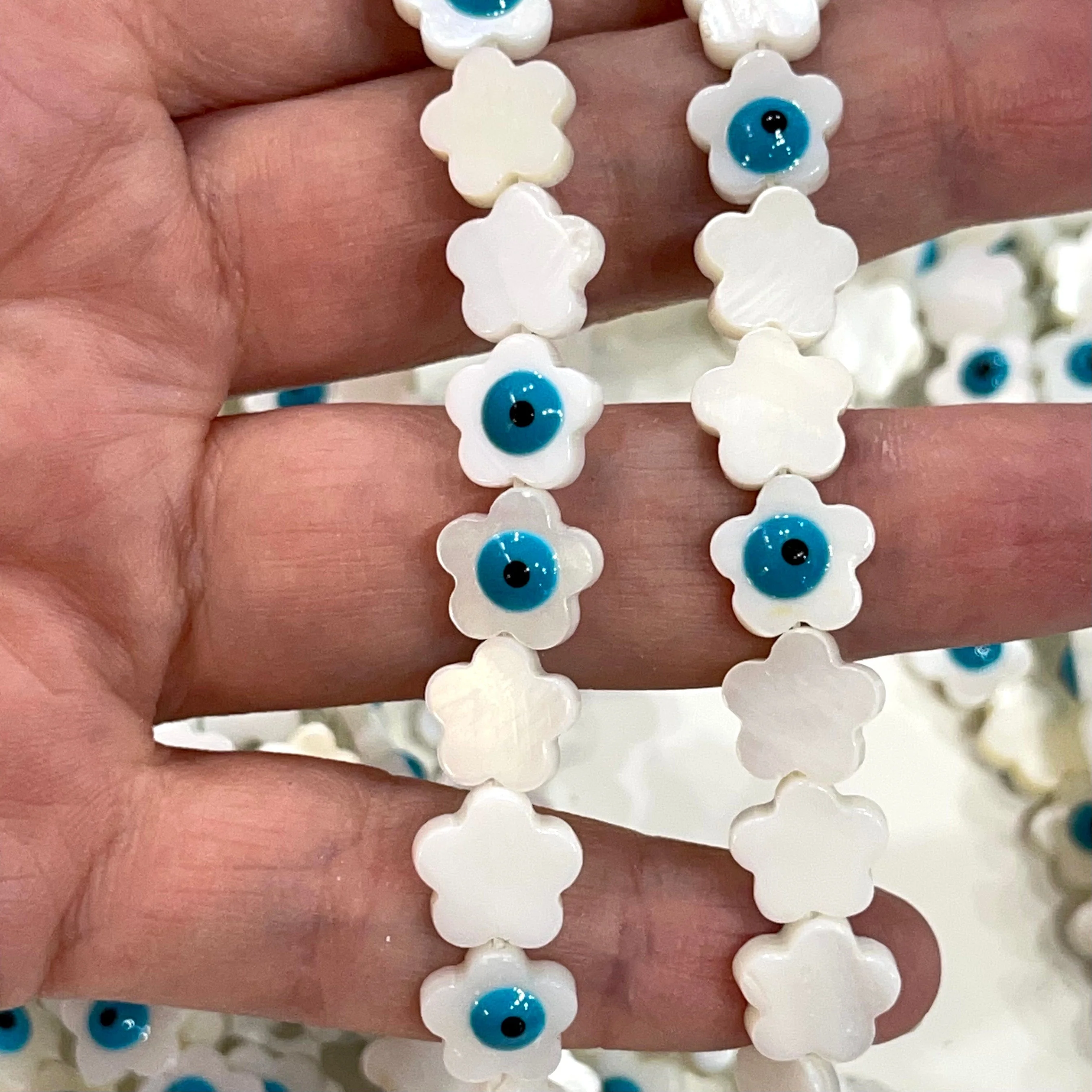 Mother Of Pearl Natural Flower Beads With Evil Eye, 10 Beads in a pack - Image 2