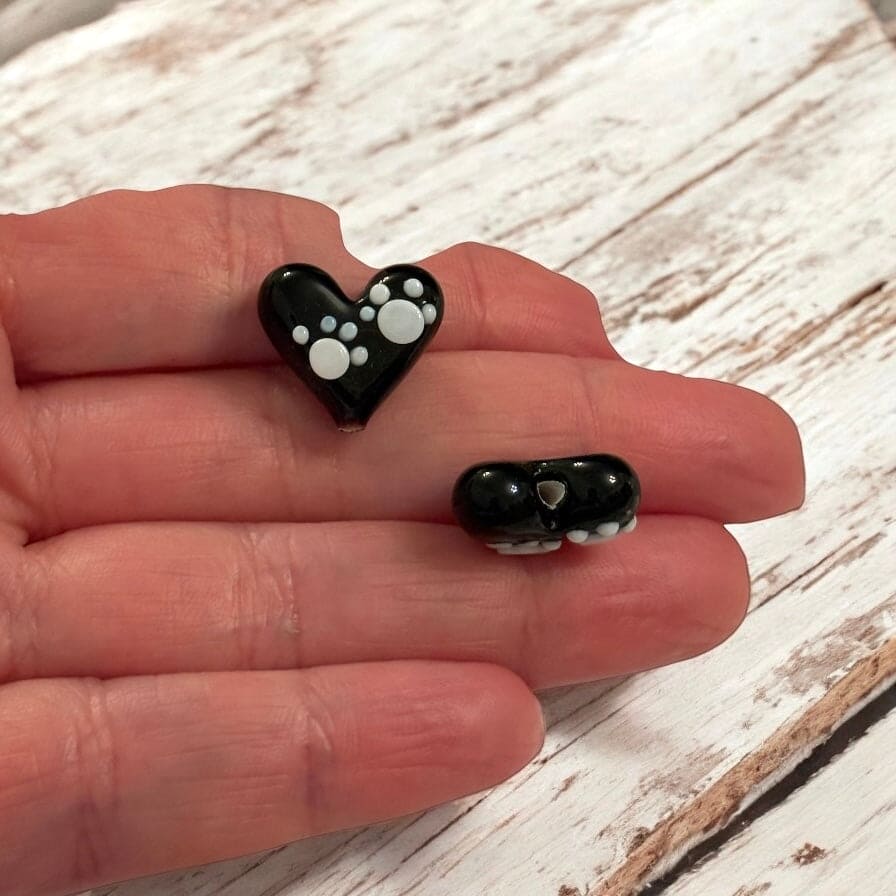 Murano Glass Paw Print Heart Charm β Handmade Black & White Heart Lampwork Charm