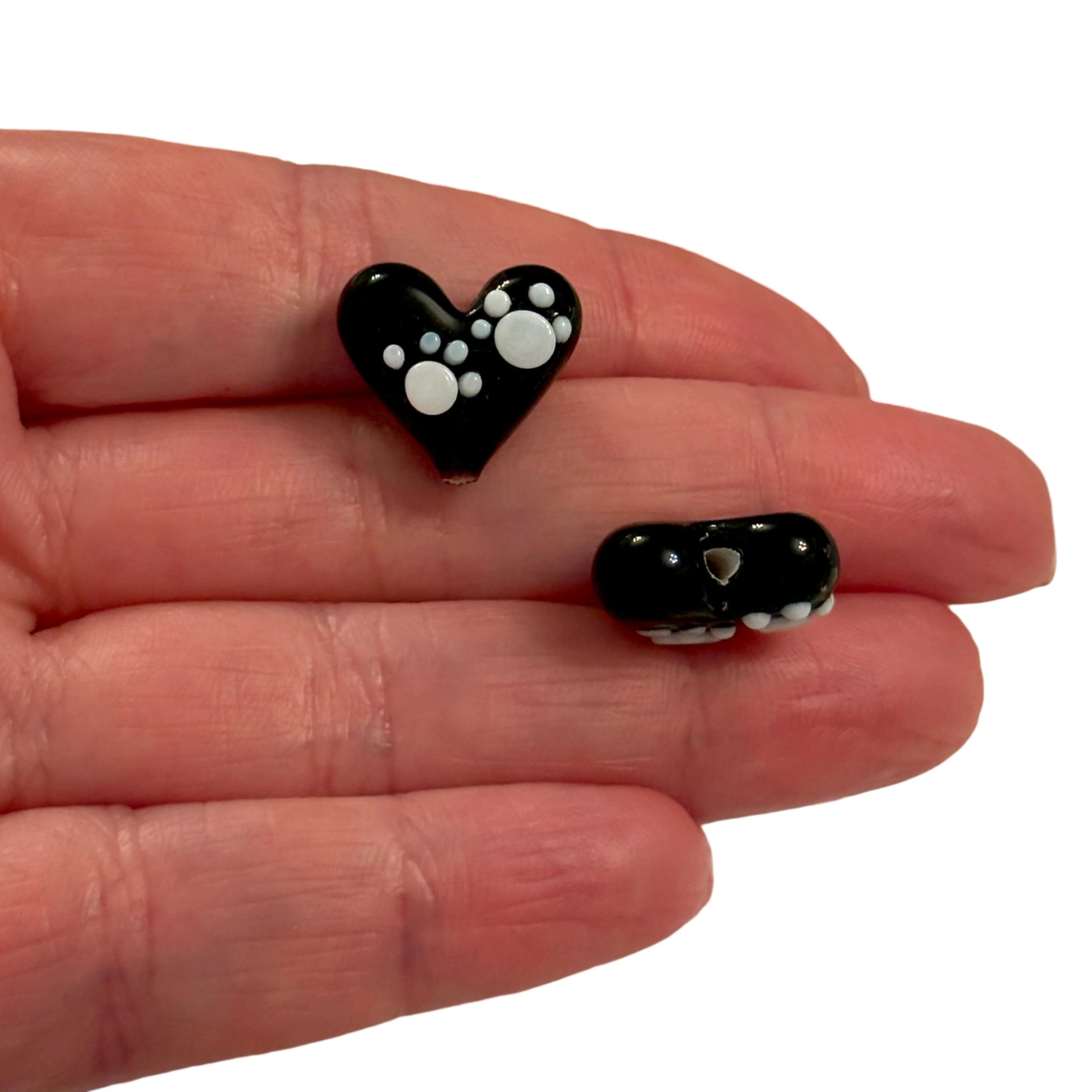 Murano Glass Paw Print Heart Charm β Handmade Black & White Heart Lampwork Charm - Image 2