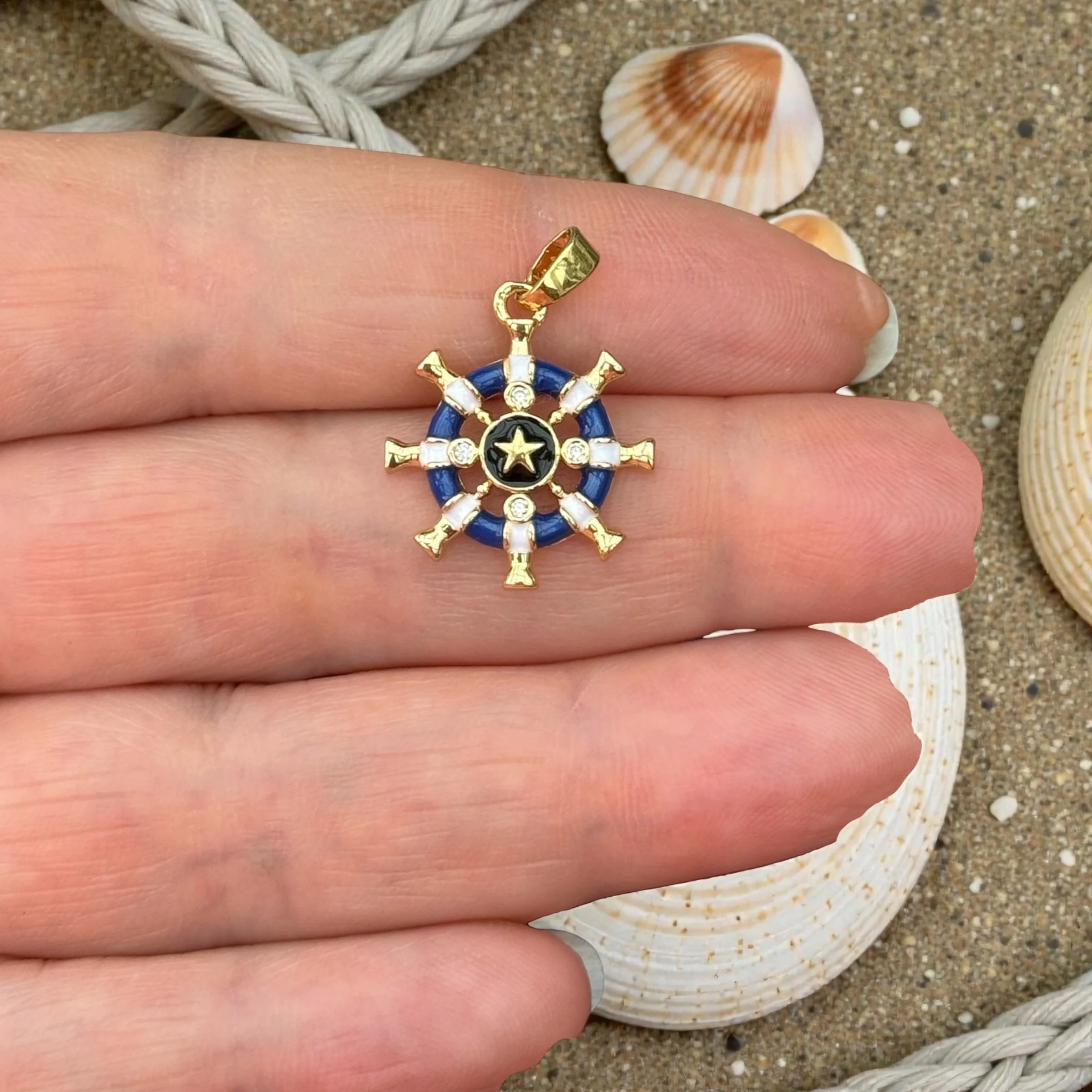 Nautical Ship Wheel Pendant – 24Kt Gold Plated Enamel Steering Wheel Charm with Gold Star & CZ
