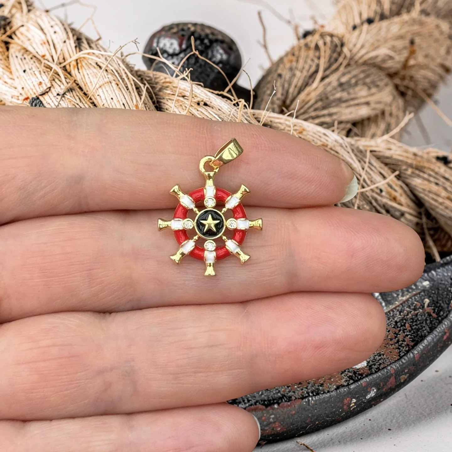 Nautical Ship Wheel Pendant – 24Kt Gold Plated Red Enamel Steering Wheel Charm with Gold Star & CZ