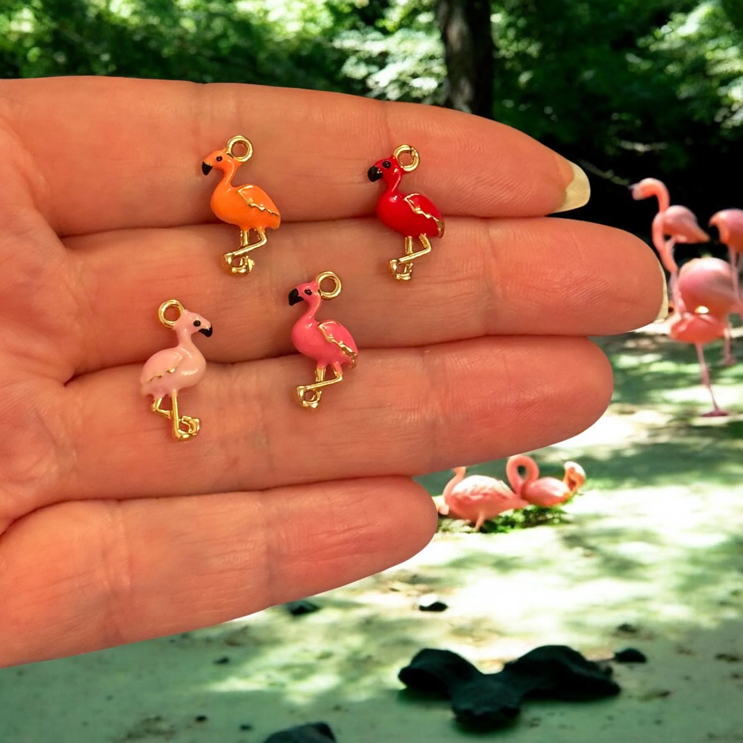 Orange Flamingo Enamel Charm, Tropical Bird Pendant - Image 2