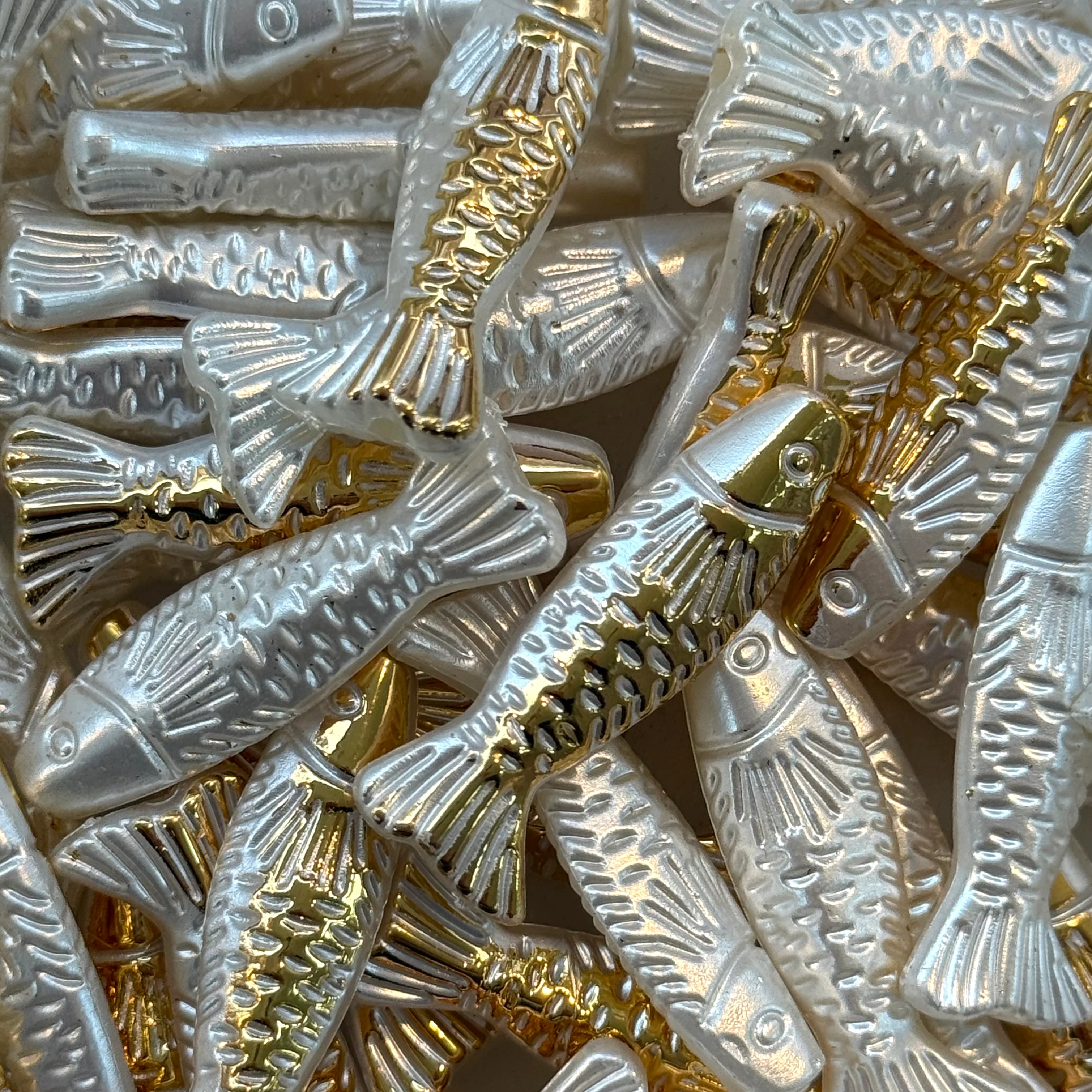 Pearl White & Gold Slim Fish Charms – Lightweight Statement Charms,  50g Pack (~43 pcs)