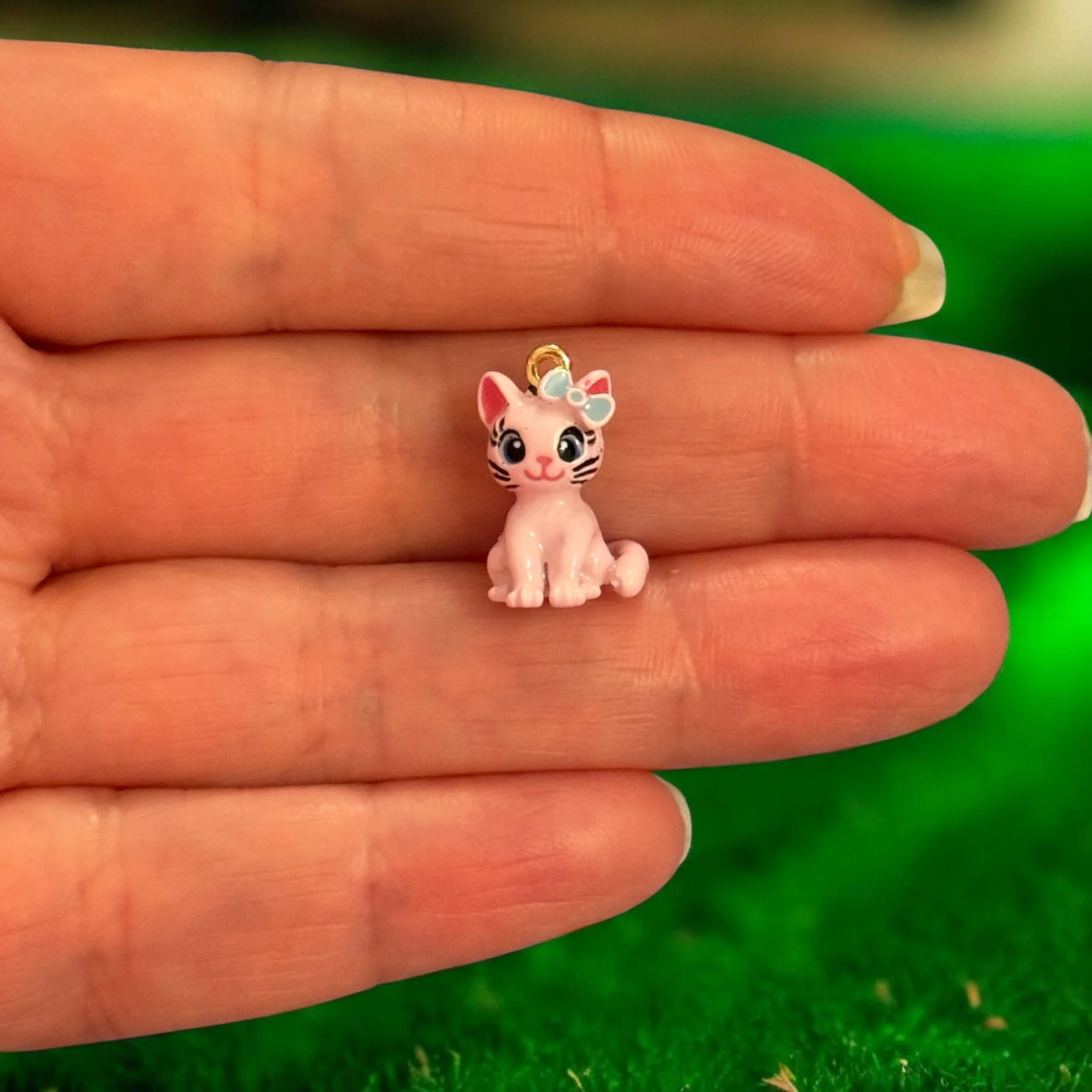 Pink Cat Enamel Charm with Blue Bow, Cute Kitten Pendant