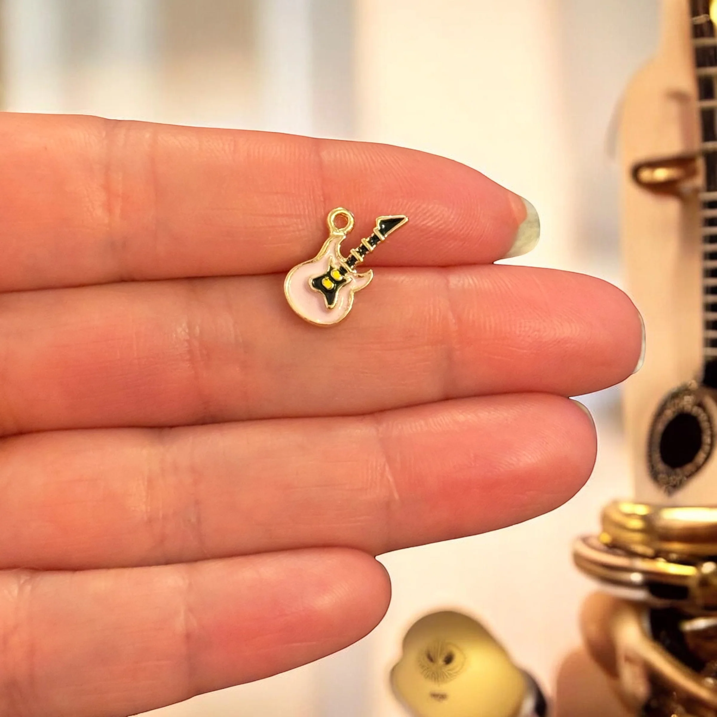 Pink Electric Guitar Charm, Enamel Guitar Pendant, Music Charm