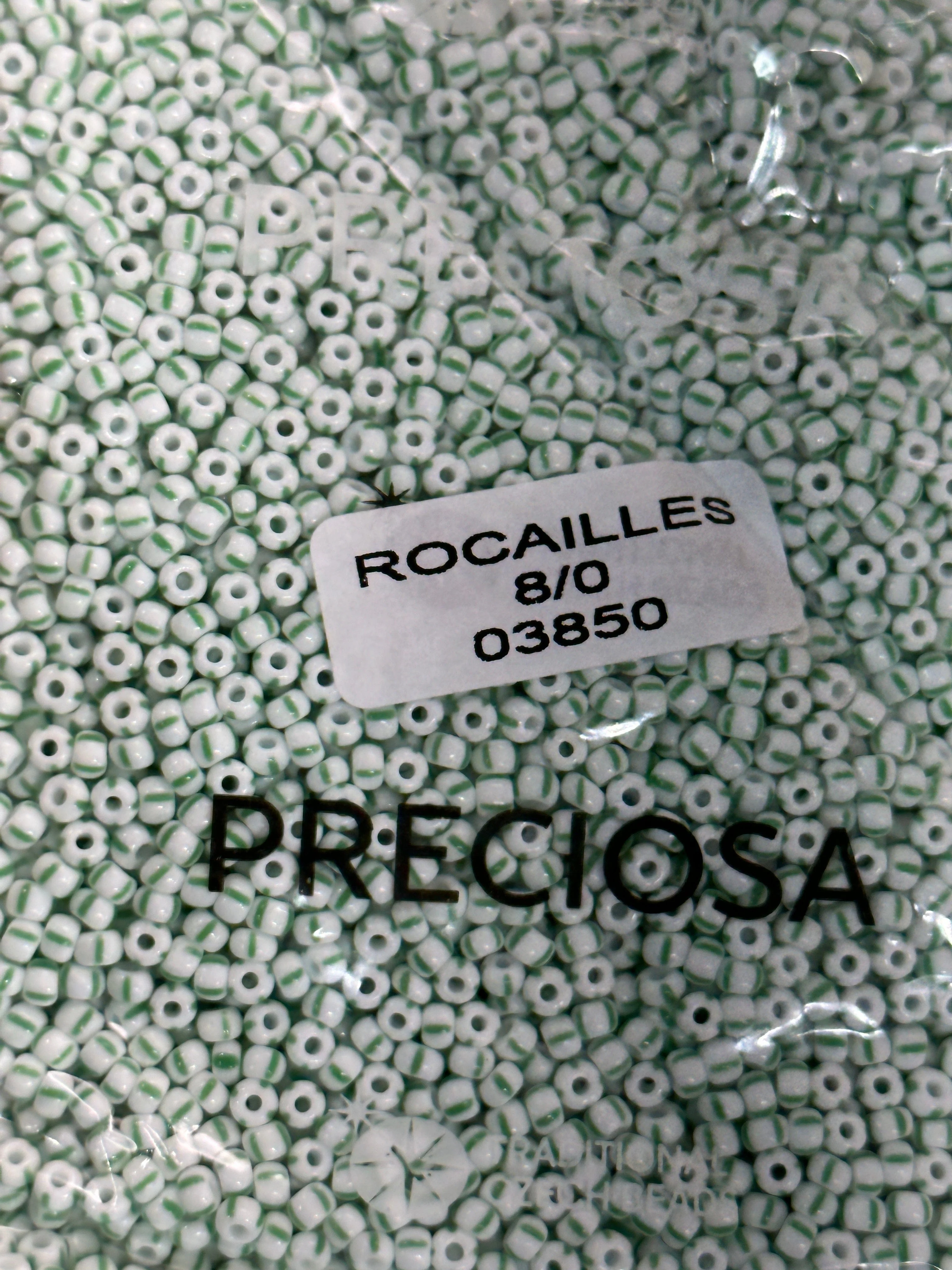 Preciosa Seed Beads 8/0 Rocailles-Round Hole-100 Gr,03850 Green Stripes on Chalkwhite - Image 3