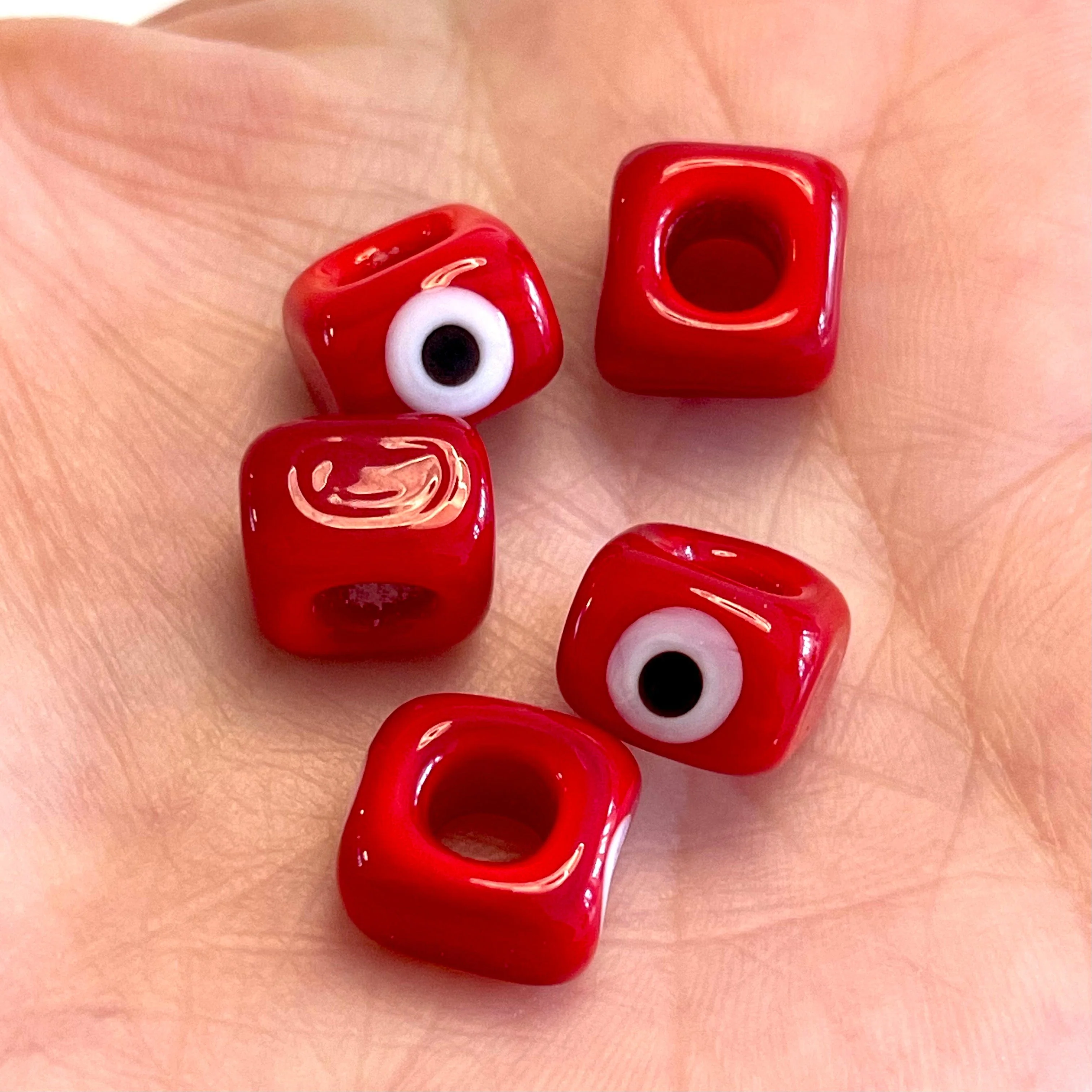 Red-Hand Made Large Hole Murano Glass Evil Eye Beads, 5 Pcs in a pack