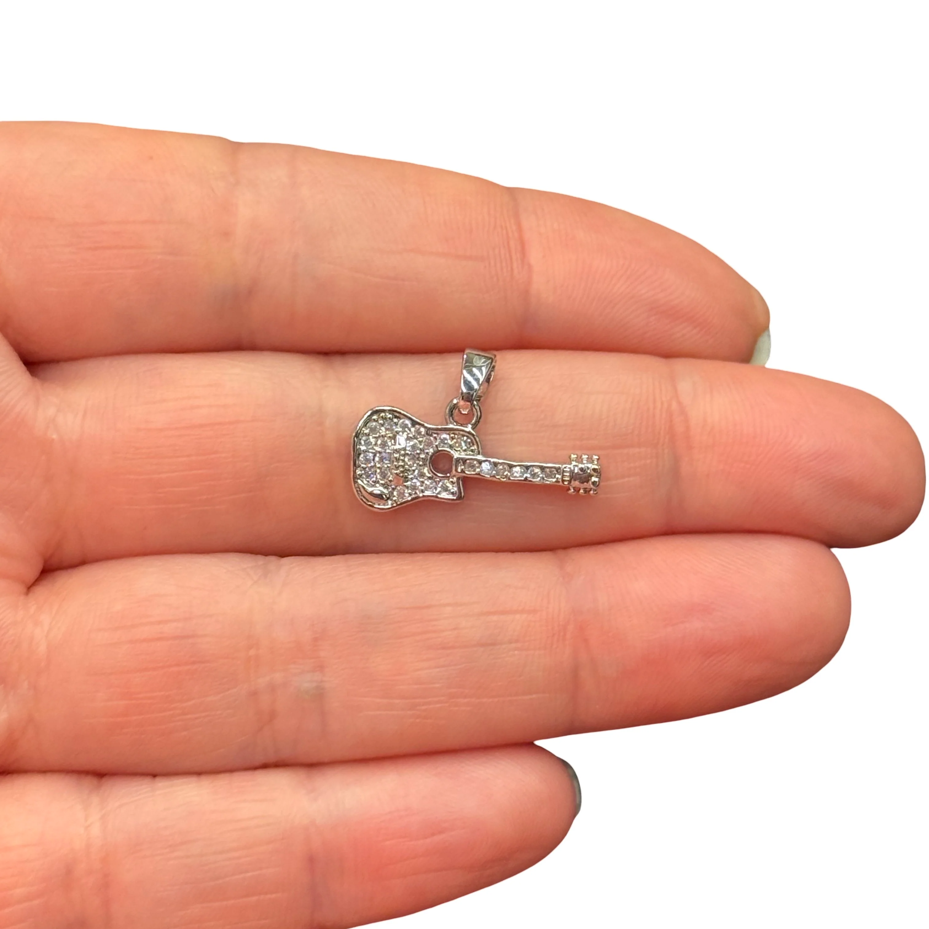 Rhodium Plated Acoustic Guitar Pendant with CZ β Sparkling Guitar Charm, Music Pendant
