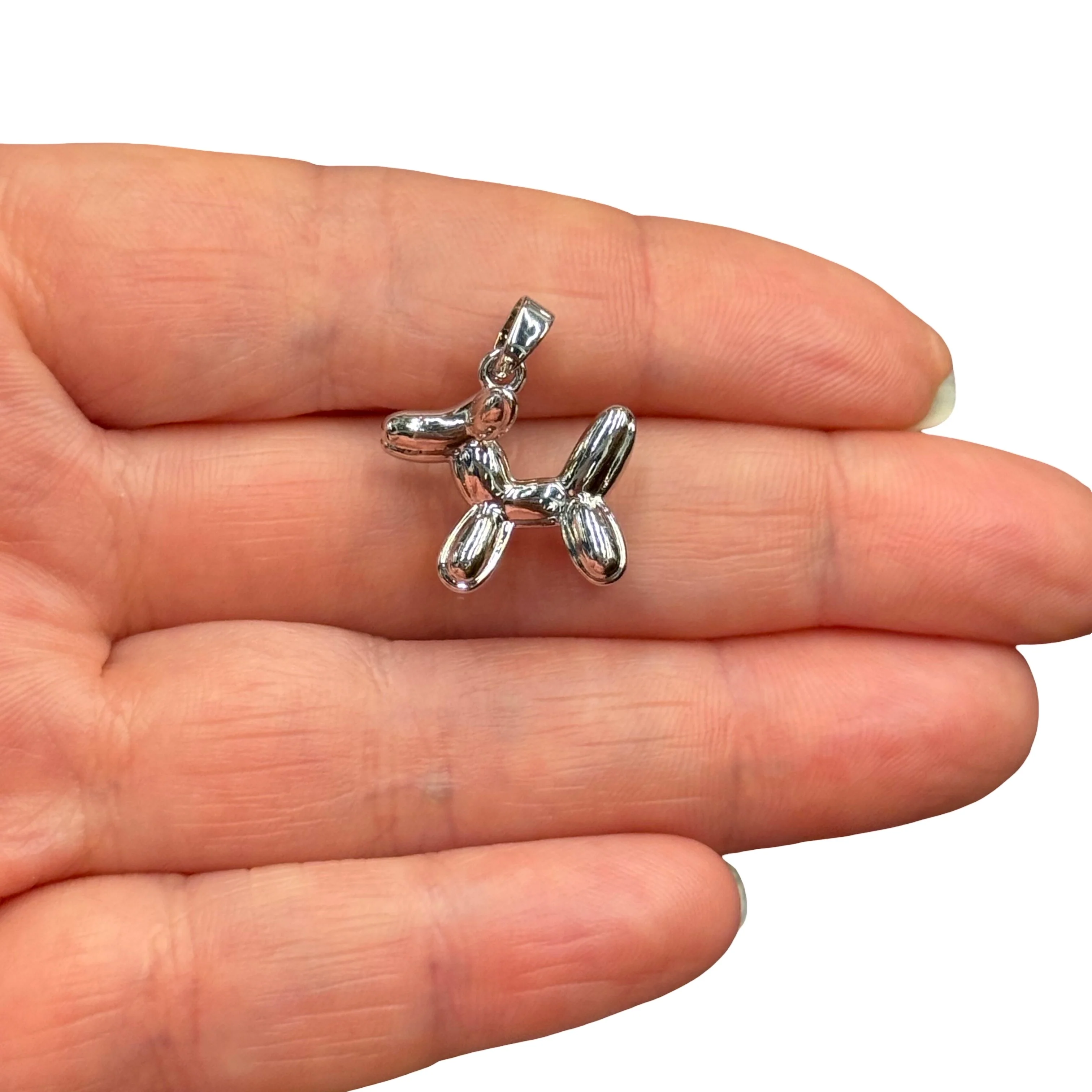 Rhodium Plated Balloon Dog Charm β 3D Puppy Pendant, Modern Silver Dog Balloon Charm