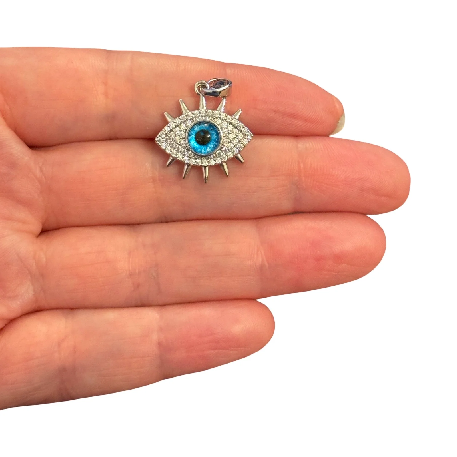 Rhodium Plated Blue Evil Eye Pendant – CZ Protection Eye Charm, 24x19mm
