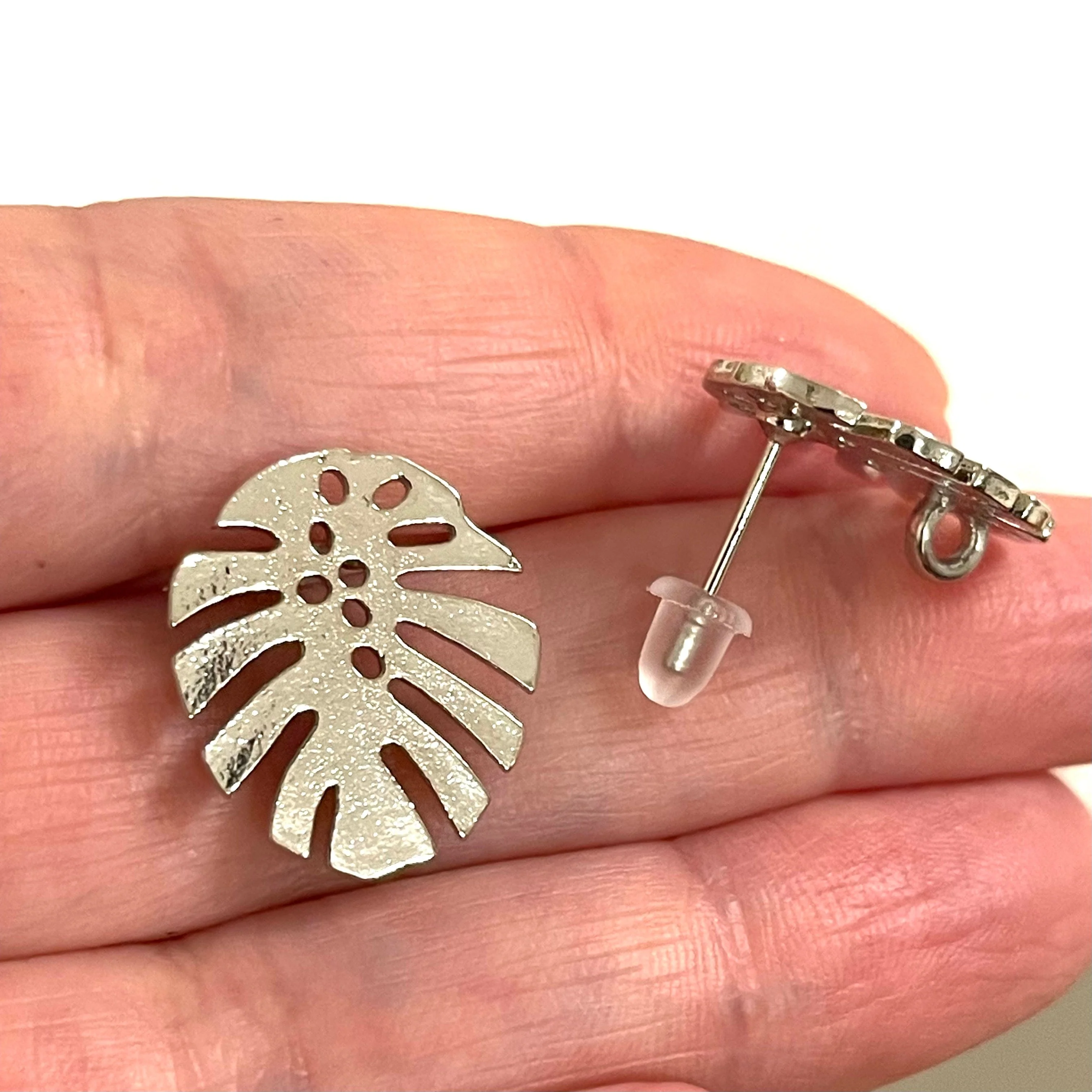 Rhodium Plated Brass Monstera Leaf Stud Earrings, 2 pcs in a pack,