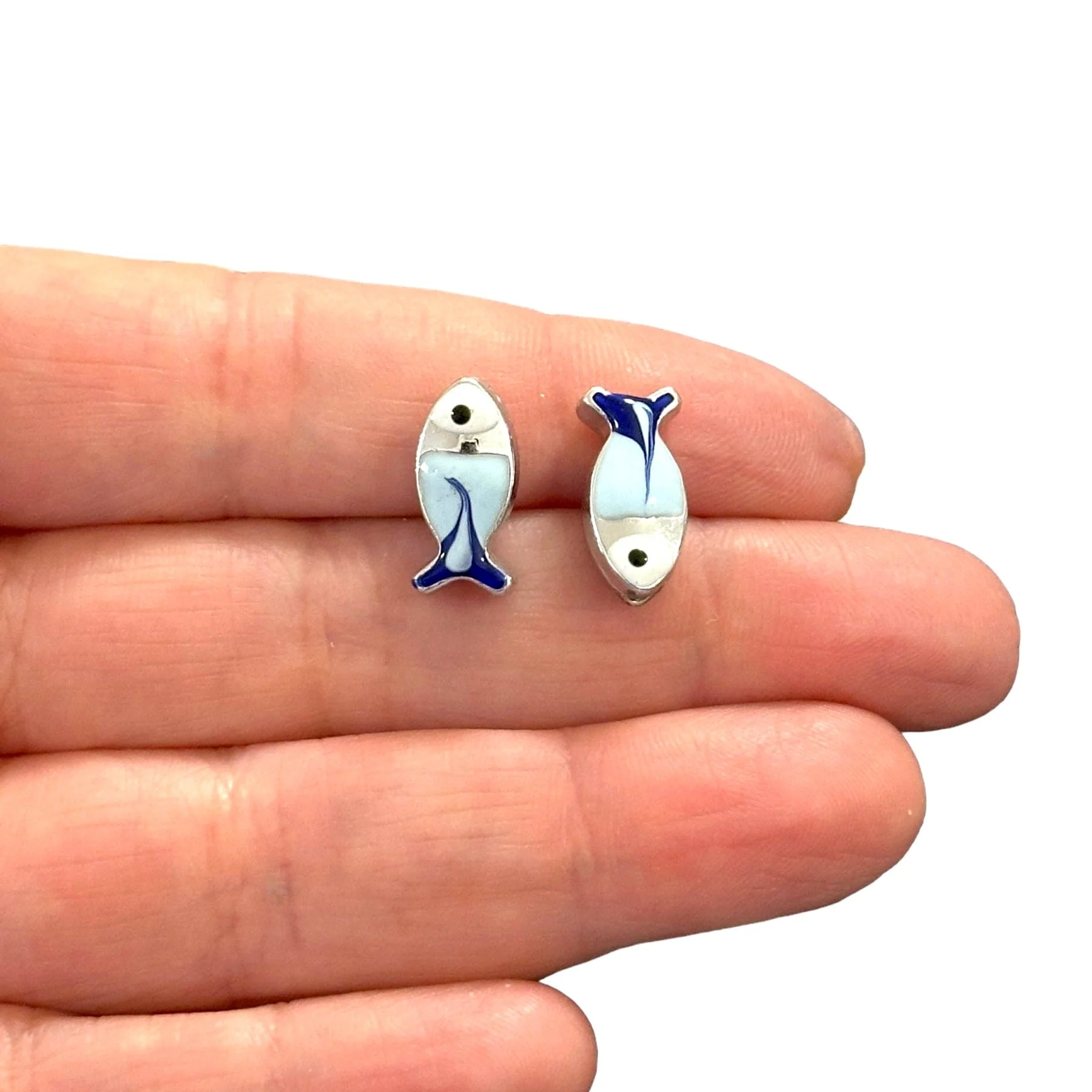Rhodium Plated Double Side Enamelled Fish Spacer Charms, 2 pcs in a pack