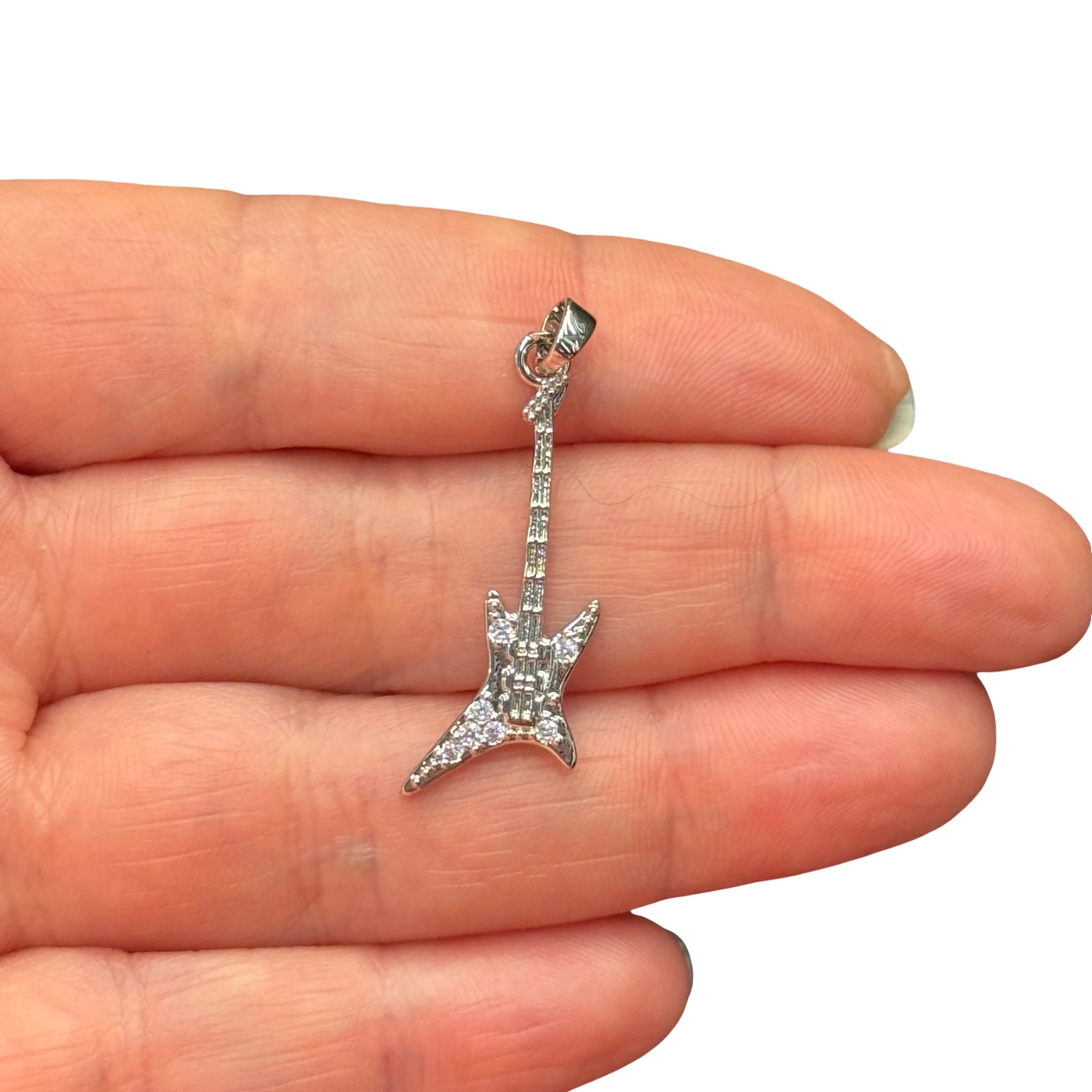 Rhodium Plated Electric Guitar Pendant with CZ β Sparkling Guitar Charm, Rock Music Pendant