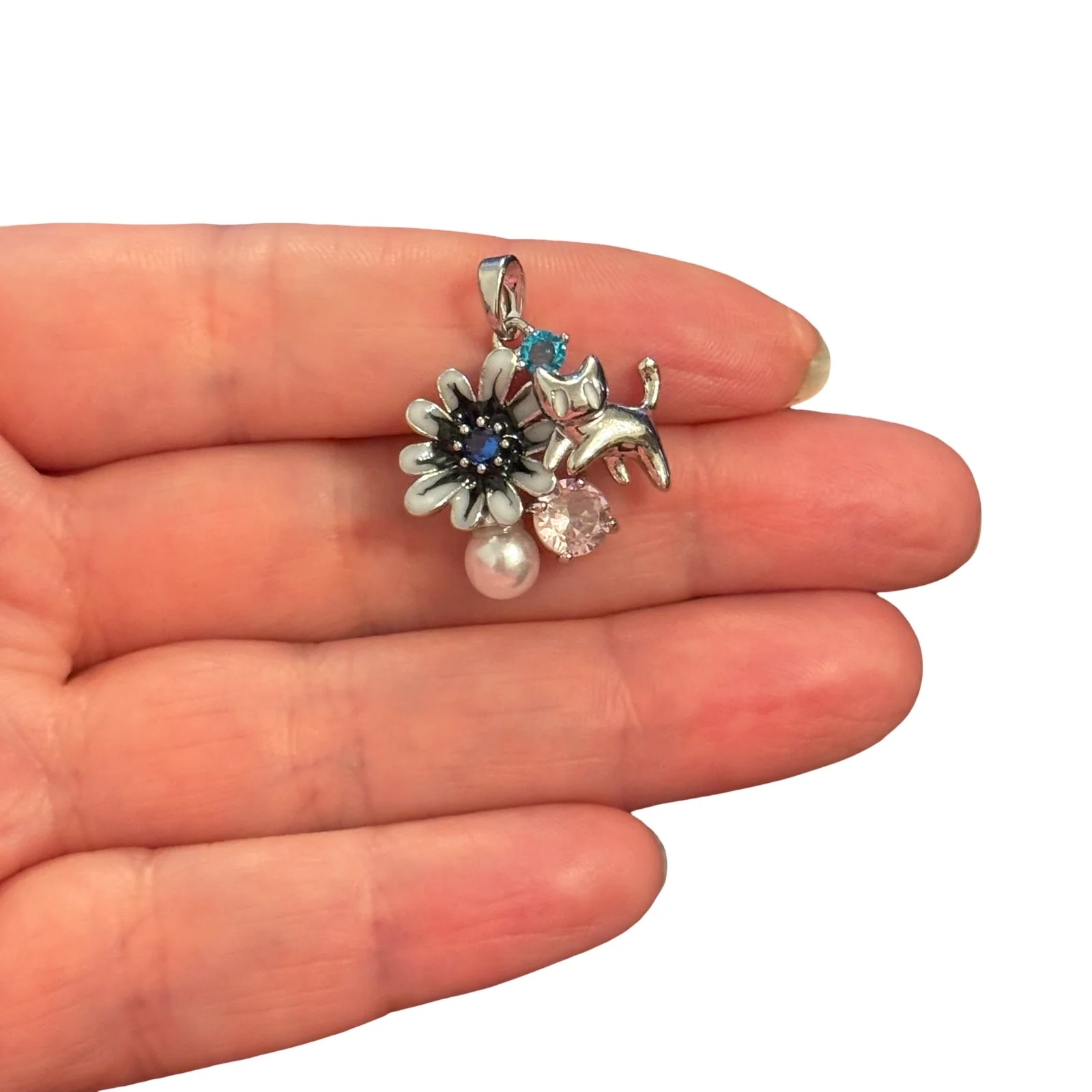 Rhodium Plated Enamel Cat & Daisy Pendant with Pearl and CZ – Black Floral Charm Pendant