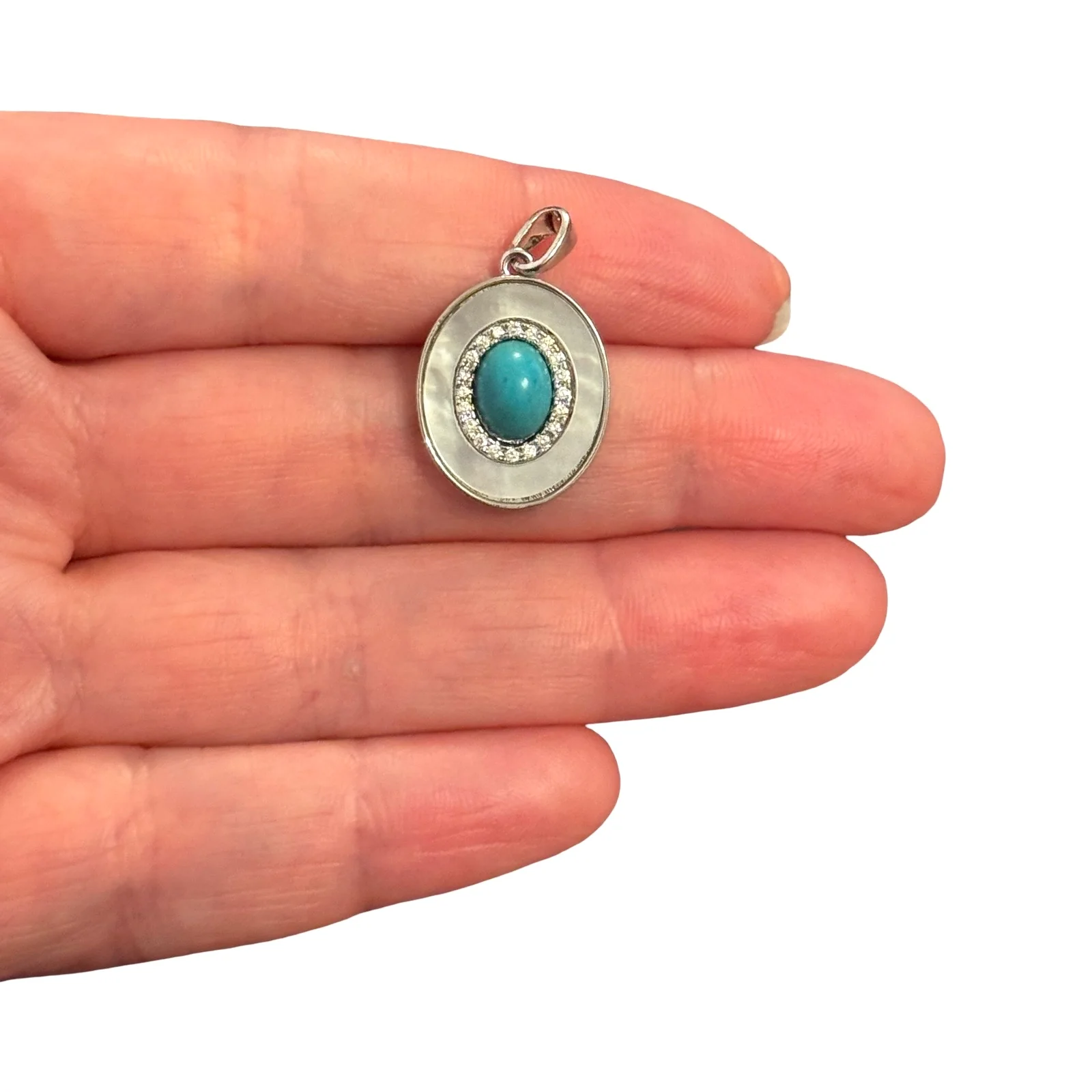 Rhodium Plated Pearly Oval Pendant – Turquoise Cabochon & CZ Charm, Pearl Effect Enamel, 27x15mm