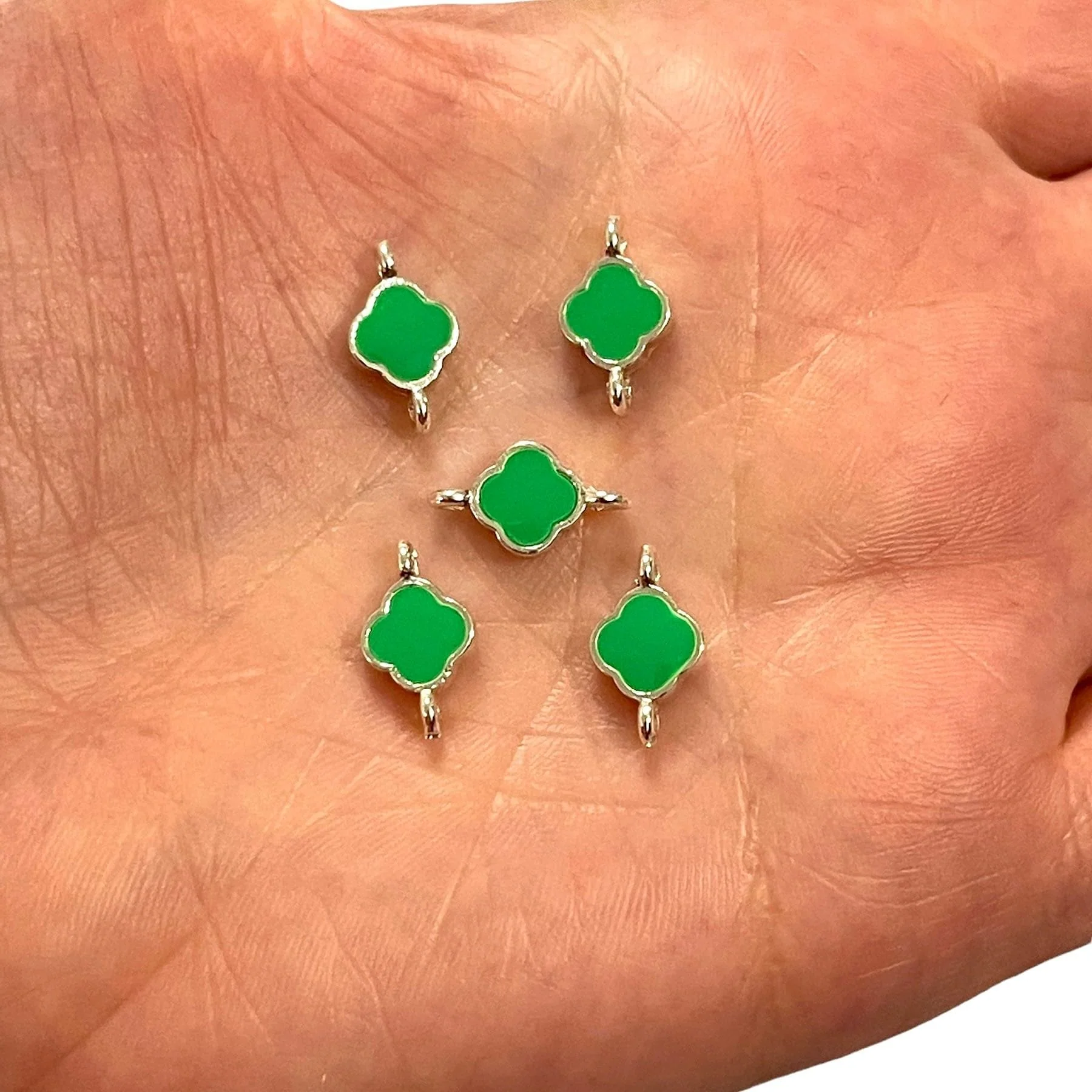 Silver Plated Neon Green Enamelled Clover Connector Charms,
