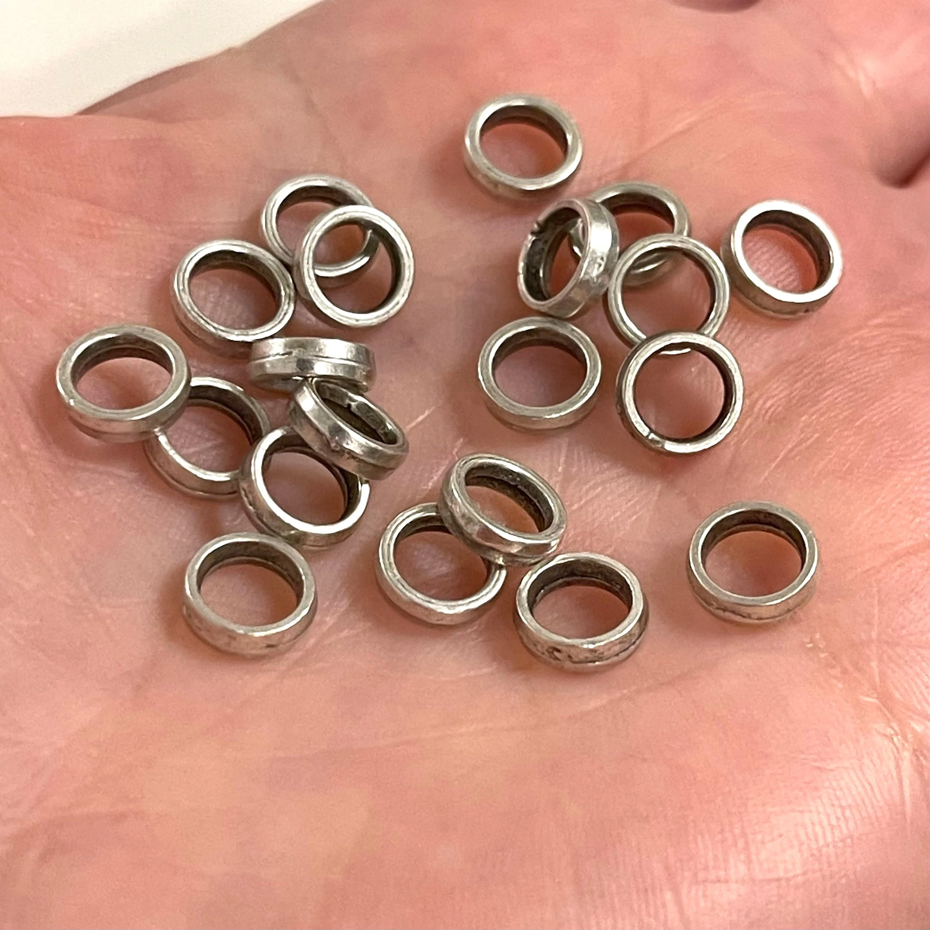 Antique Silver Plated Large Hole Brass Spacer Rings, Silver Plated 7mm Brass Charms, 10 Pcs in a Pack