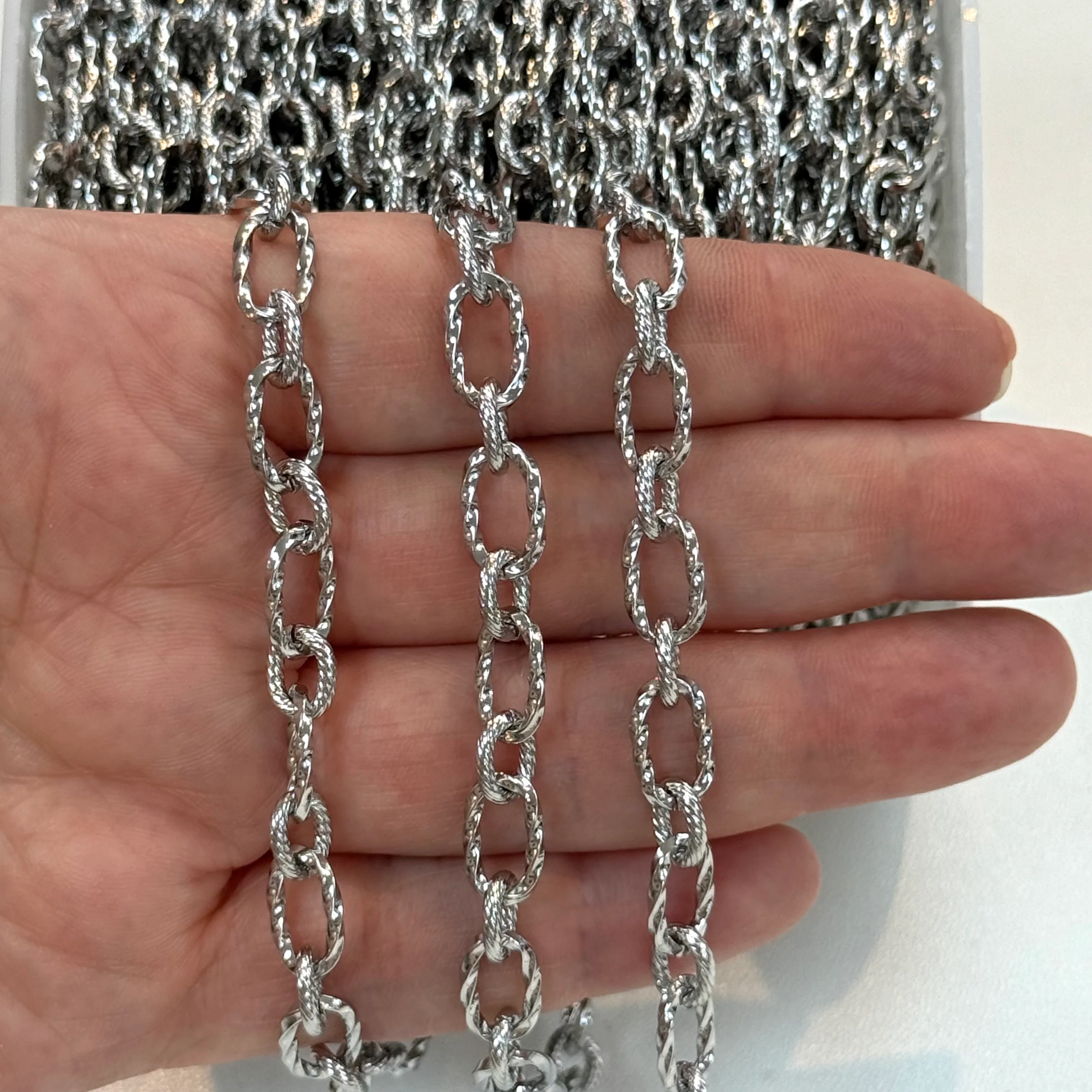 Stainless Steel Textured Open Link Chain – Oval Cable Chain, Sold by the Meter