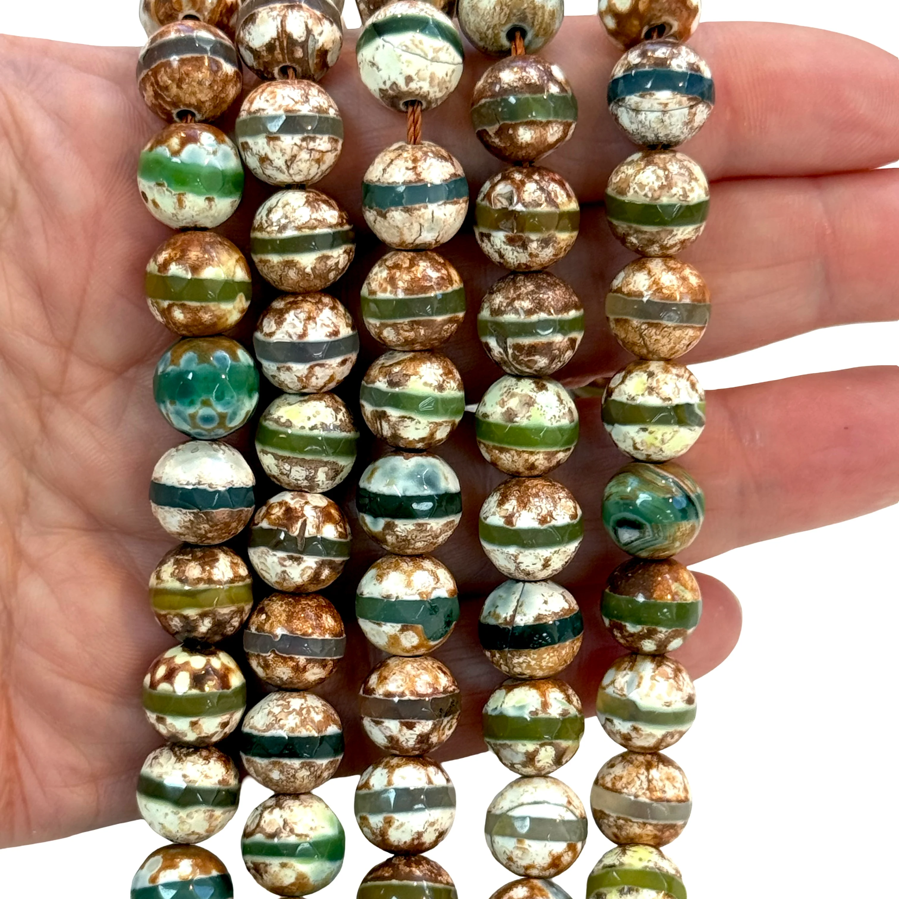 Tibetan Agate Dzi Beads – 10mm Faceted Round, Green Stripe Pattern, 37 Beads Strand