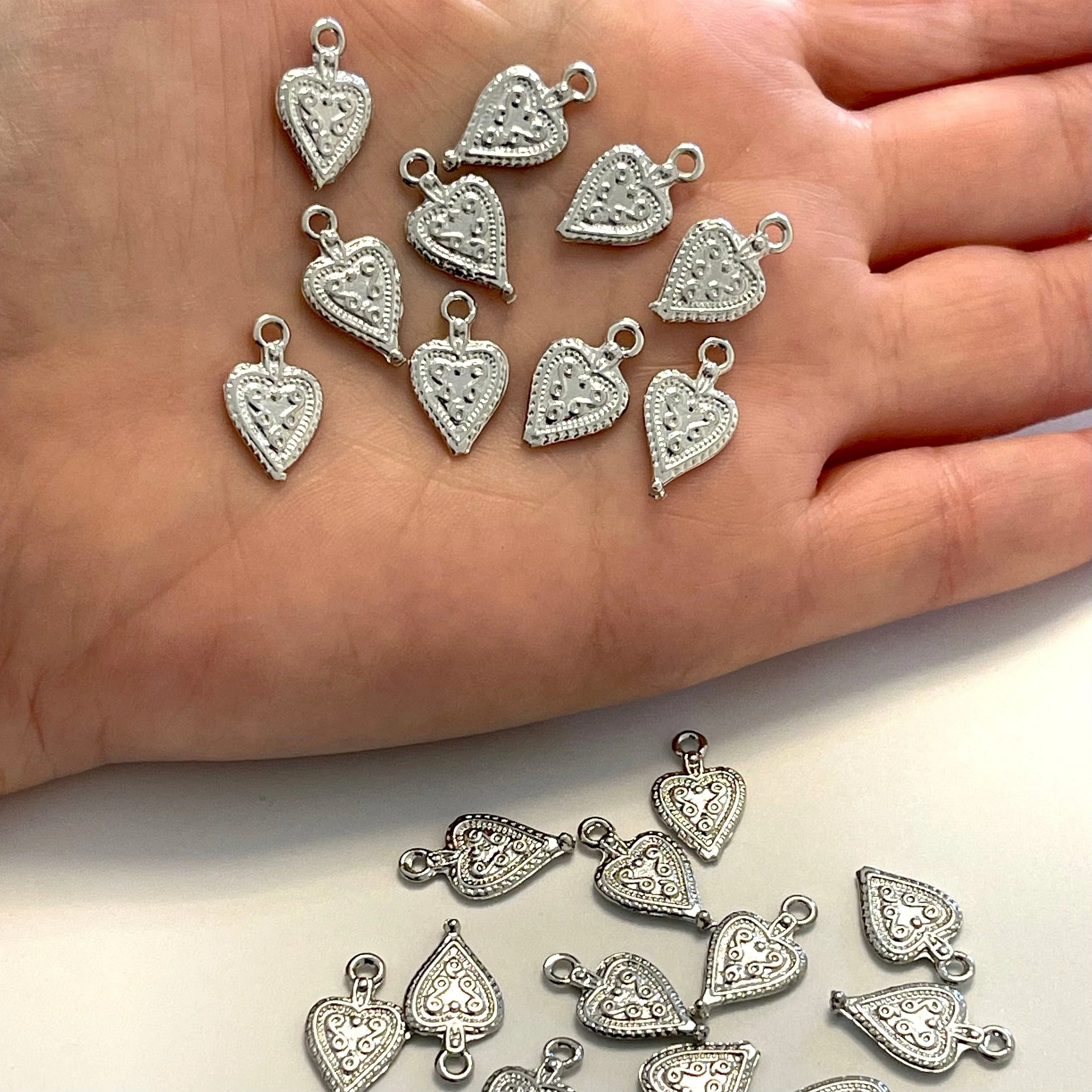 Tiny Heart Rhodium Plated Charms, Tiny Heart Pendants, 5 pieces in pac