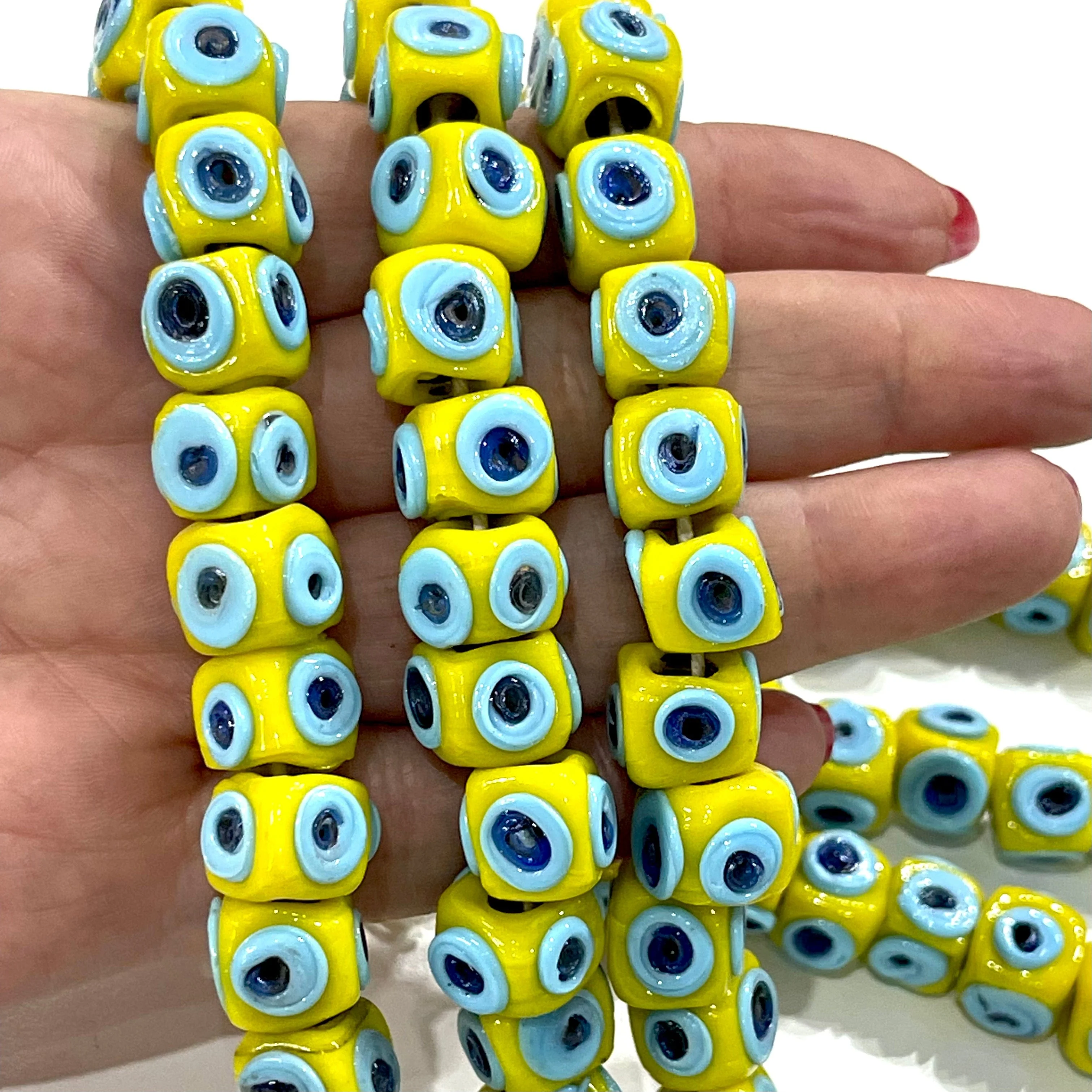 Traditional Turkish Artisan Handmade Cube Four Sided Evil Eye Glass Beads, Large Hole Glass Beads, 5 Beads in a pack - Image 2
