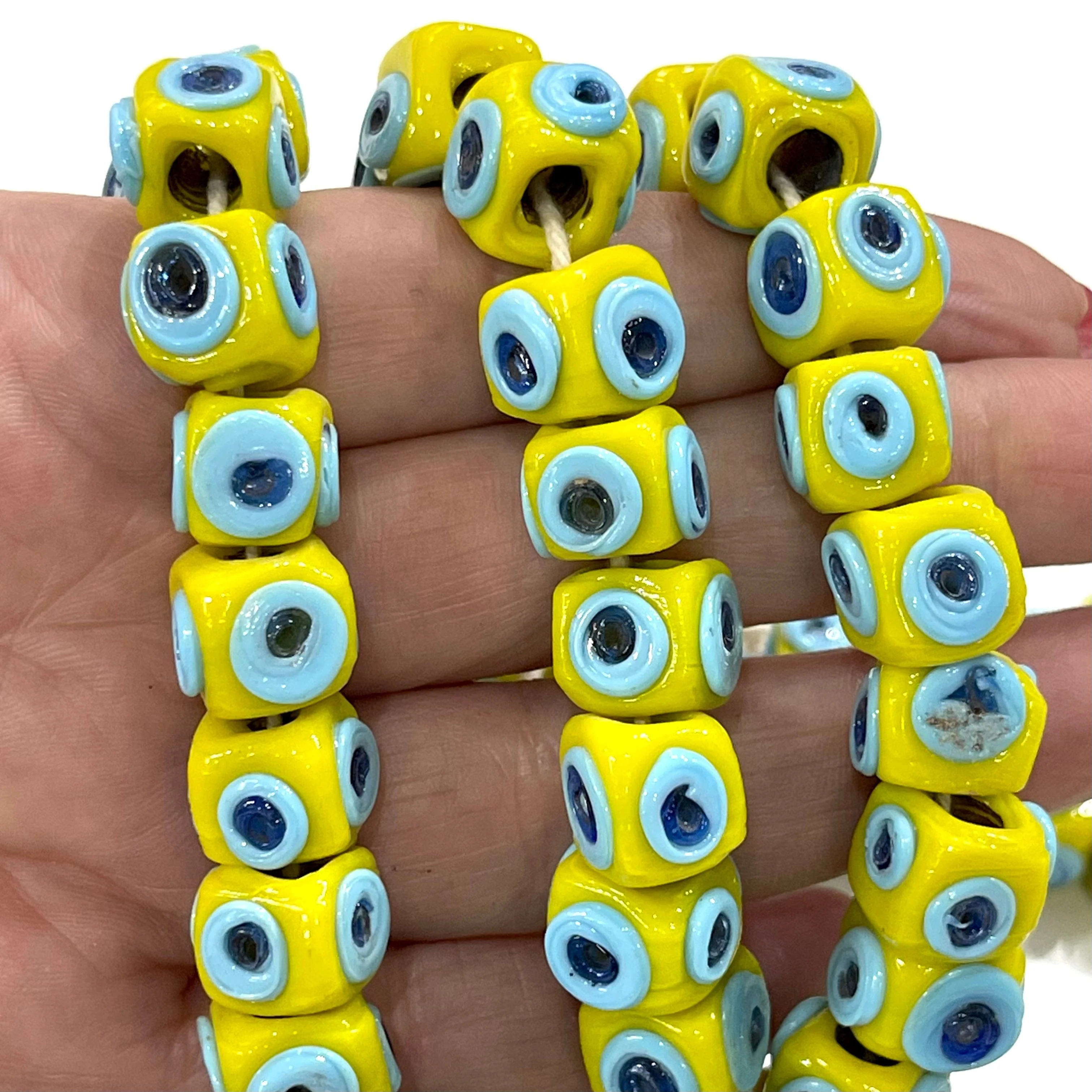 Traditional Turkish Artisan Handmade Cube Four Sided Evil Eye Glass Beads, Large Hole Glass Beads, 5 Beads in a pack - Image 3