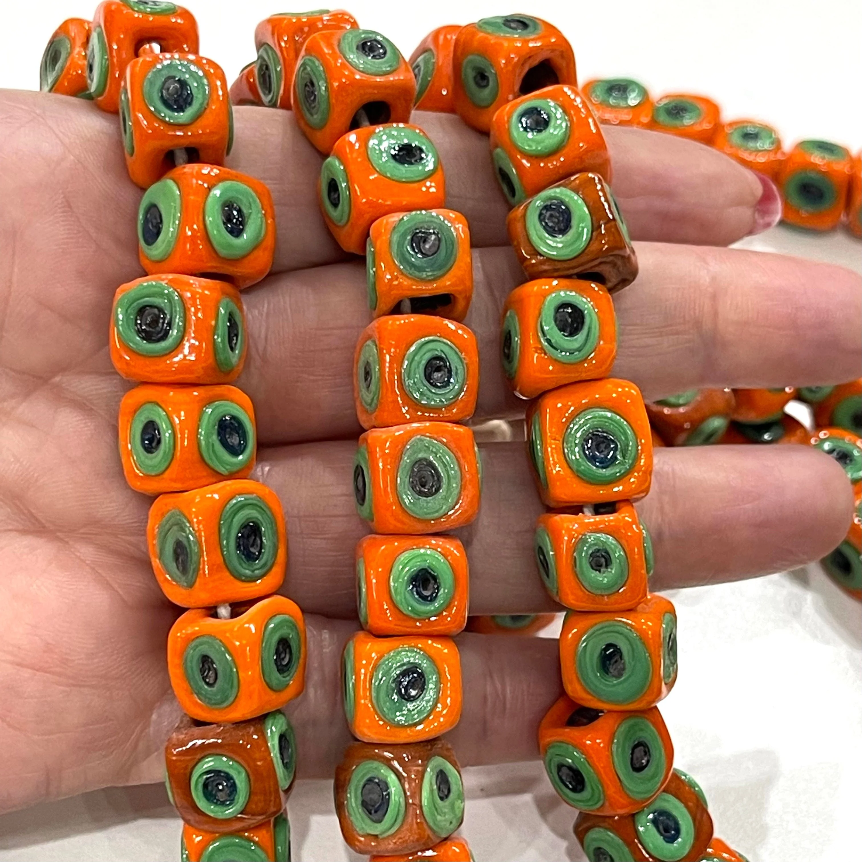 Traditional Turkish Artisan Handmade Cube Four Sided Evil Eye Glass Beads, Large Hole Glass Beads, 5 Beads in a pack - Image 3