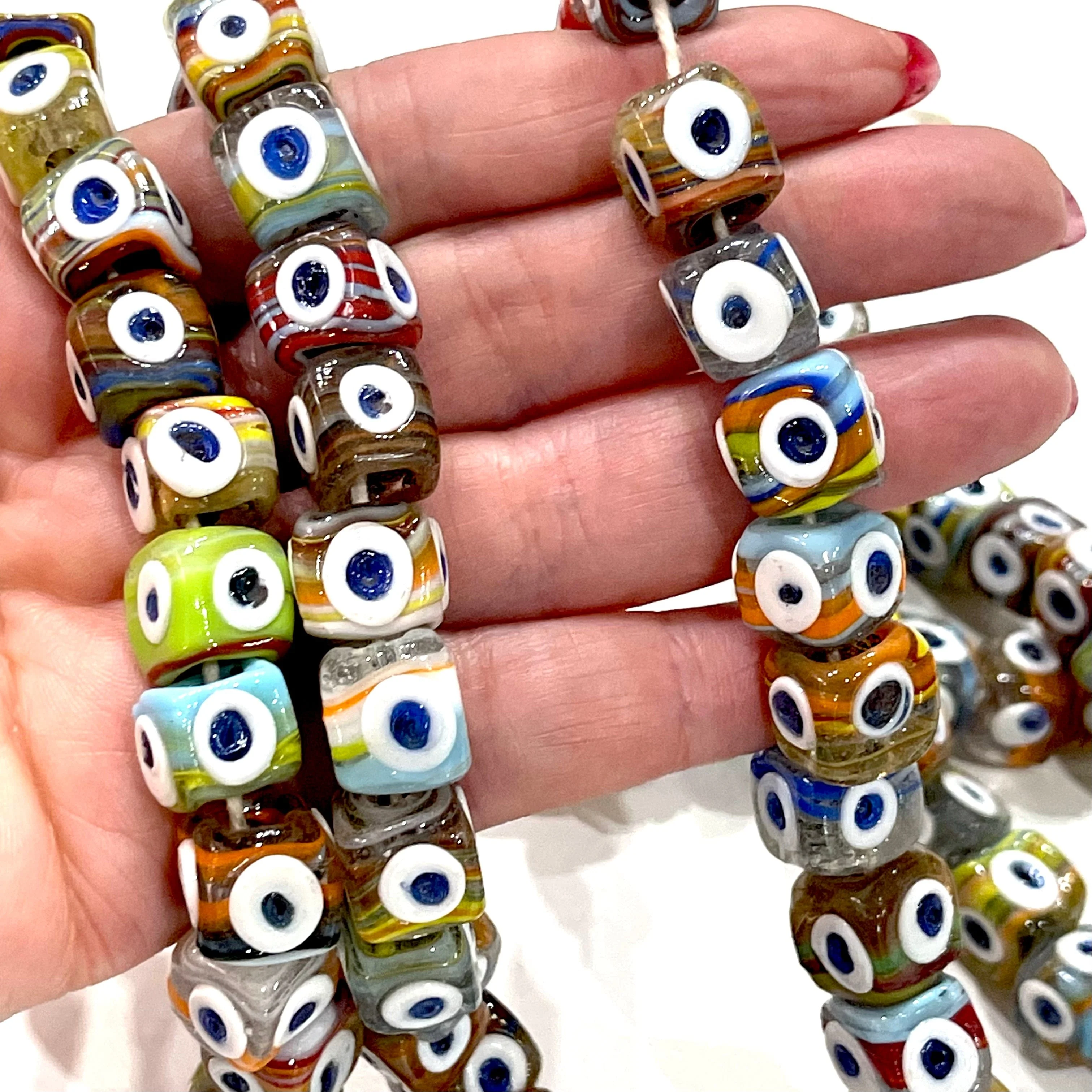 Traditional Turkish Artisan Handmade Cube Four Sided Evil Eye Glass Beads, Large Hole Glass Beads, 5 Beads in a pack - Image 2