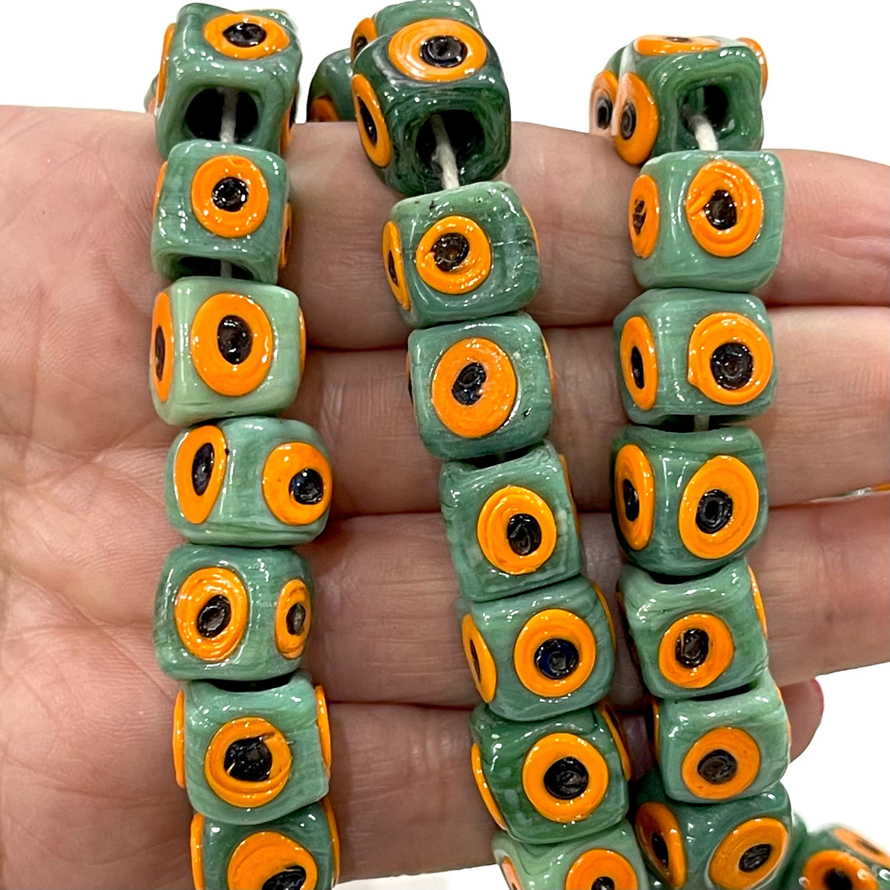 Traditional Turkish Artisan Handmade Cube Four Sided Evil Eye Glass Beads, Large Hole Glass Beads, 5 Beads in a pack - Image 2