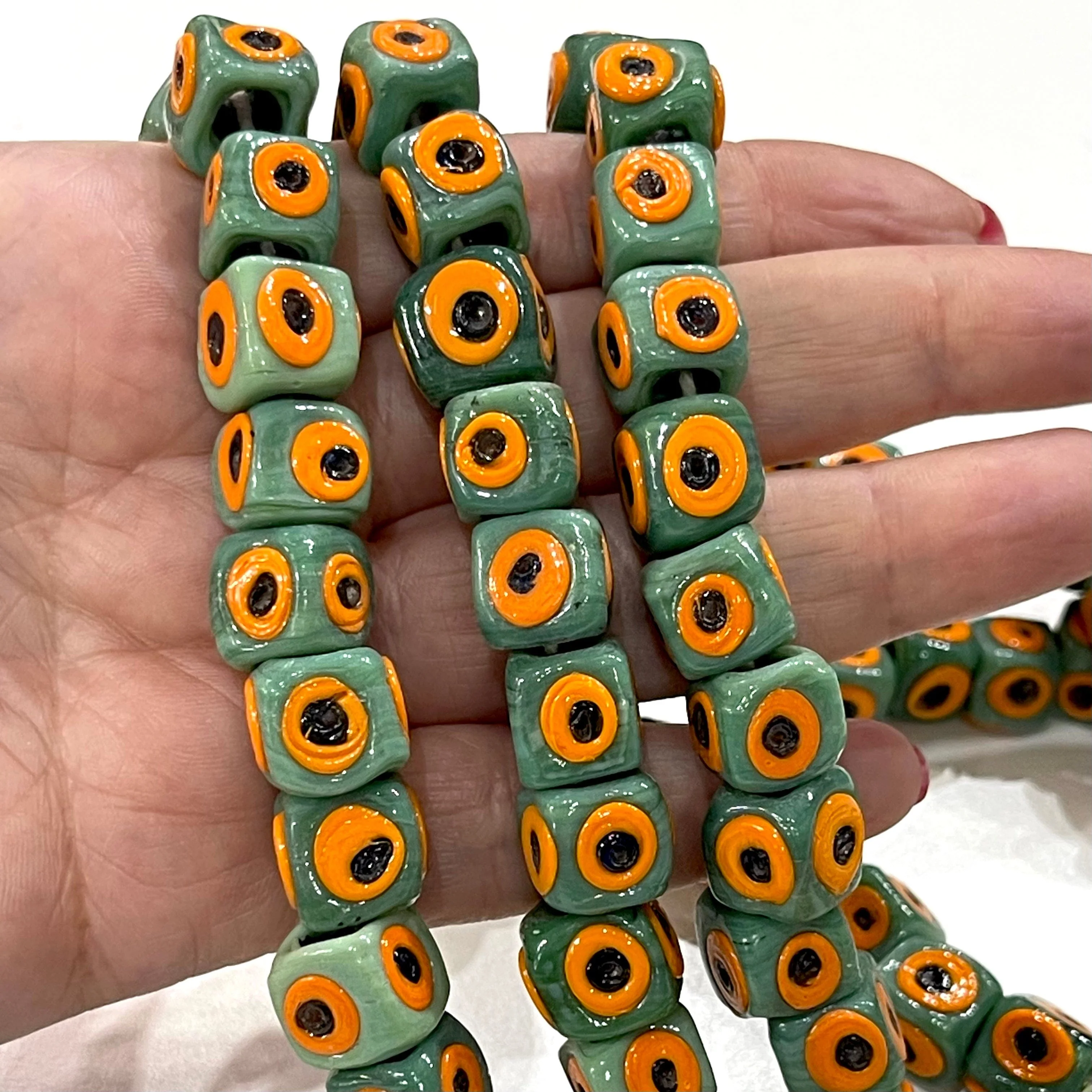 Traditional Turkish Artisan Handmade Cube Four Sided Evil Eye Glass Beads, Large Hole Glass Beads, 5 Beads in a pack - Image 3