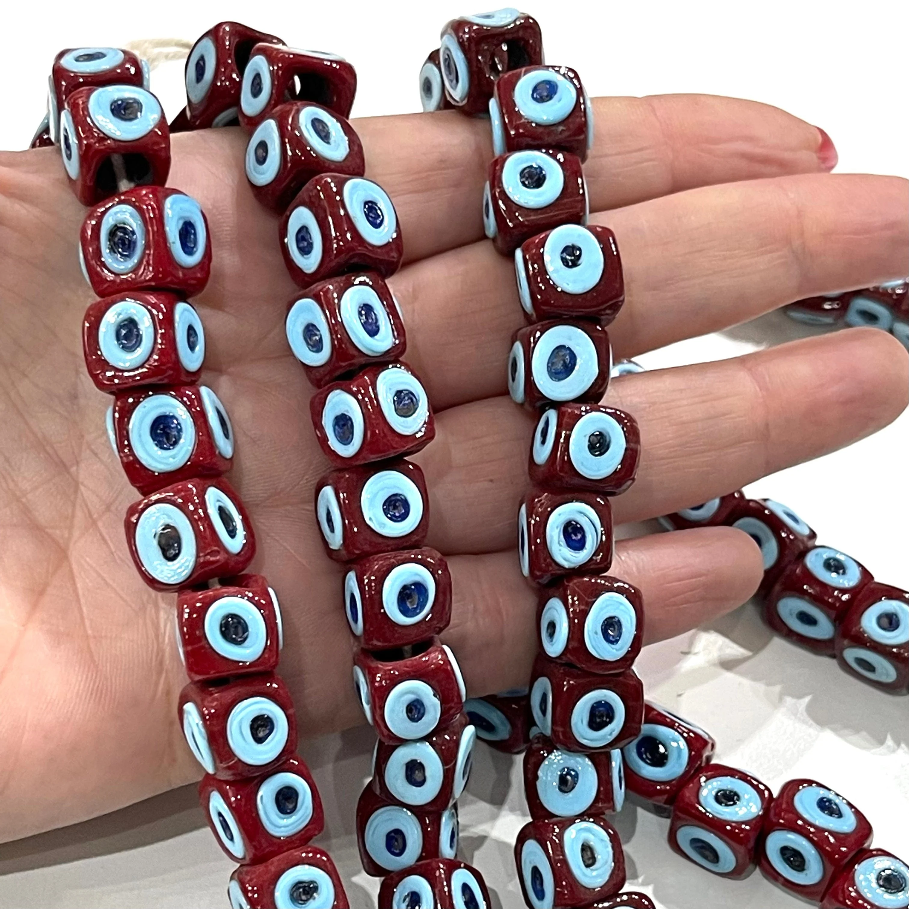 Traditional Turkish Artisan Handmade Cube Four Sided Evil Eye Glass Beads, Large Hole Glass Beads, 5 Beads in a pack - Image 2