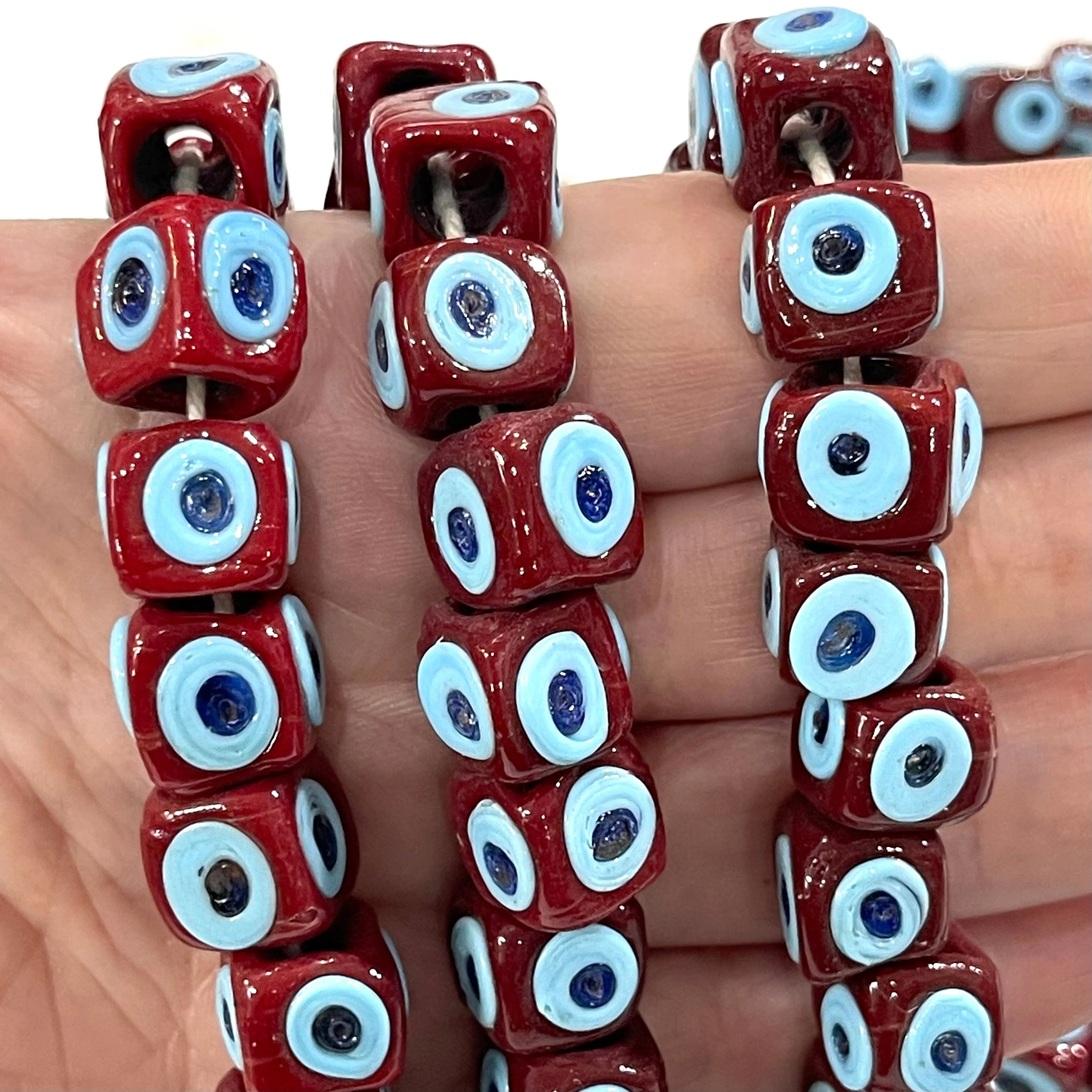 Traditional Turkish Artisan Handmade Cube Four Sided Evil Eye Glass Beads, Large Hole Glass Beads, 5 Beads in a pack - Image 3