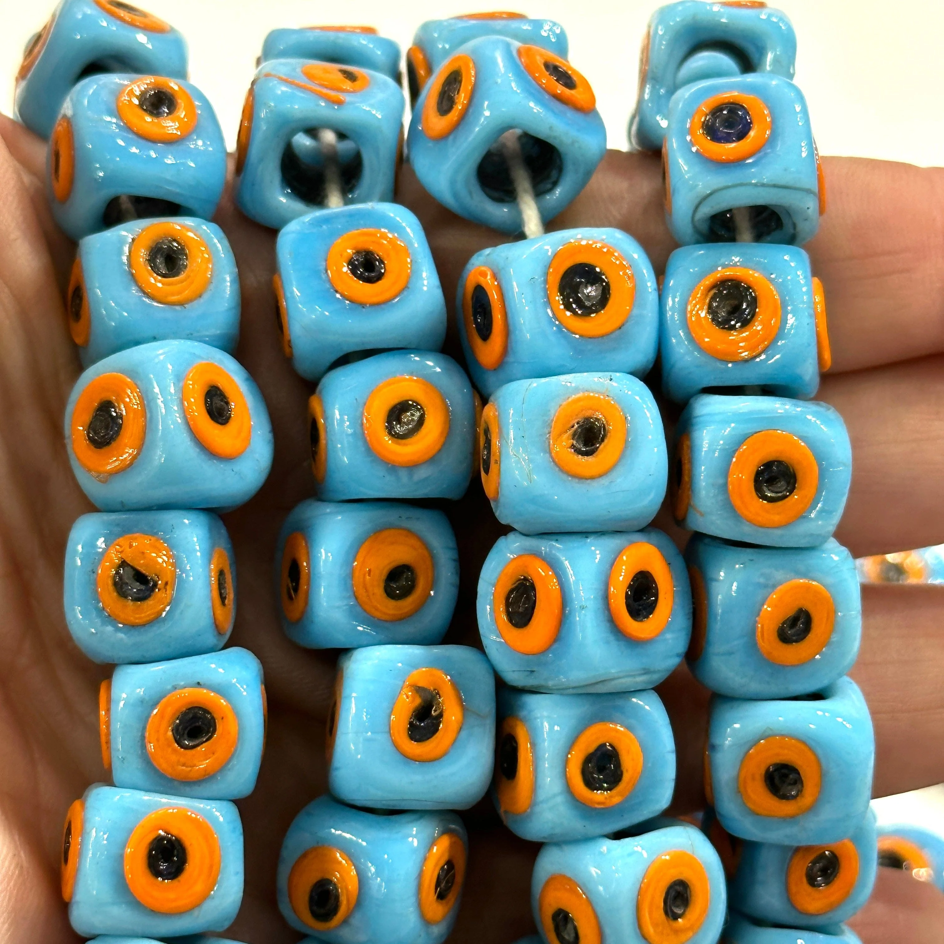 Traditional Turkish Artisan Handmade Cube Four Sided Evil Eye Glass Beads, Large Hole Glass Beads, 5 Beads in a pack - Image 3