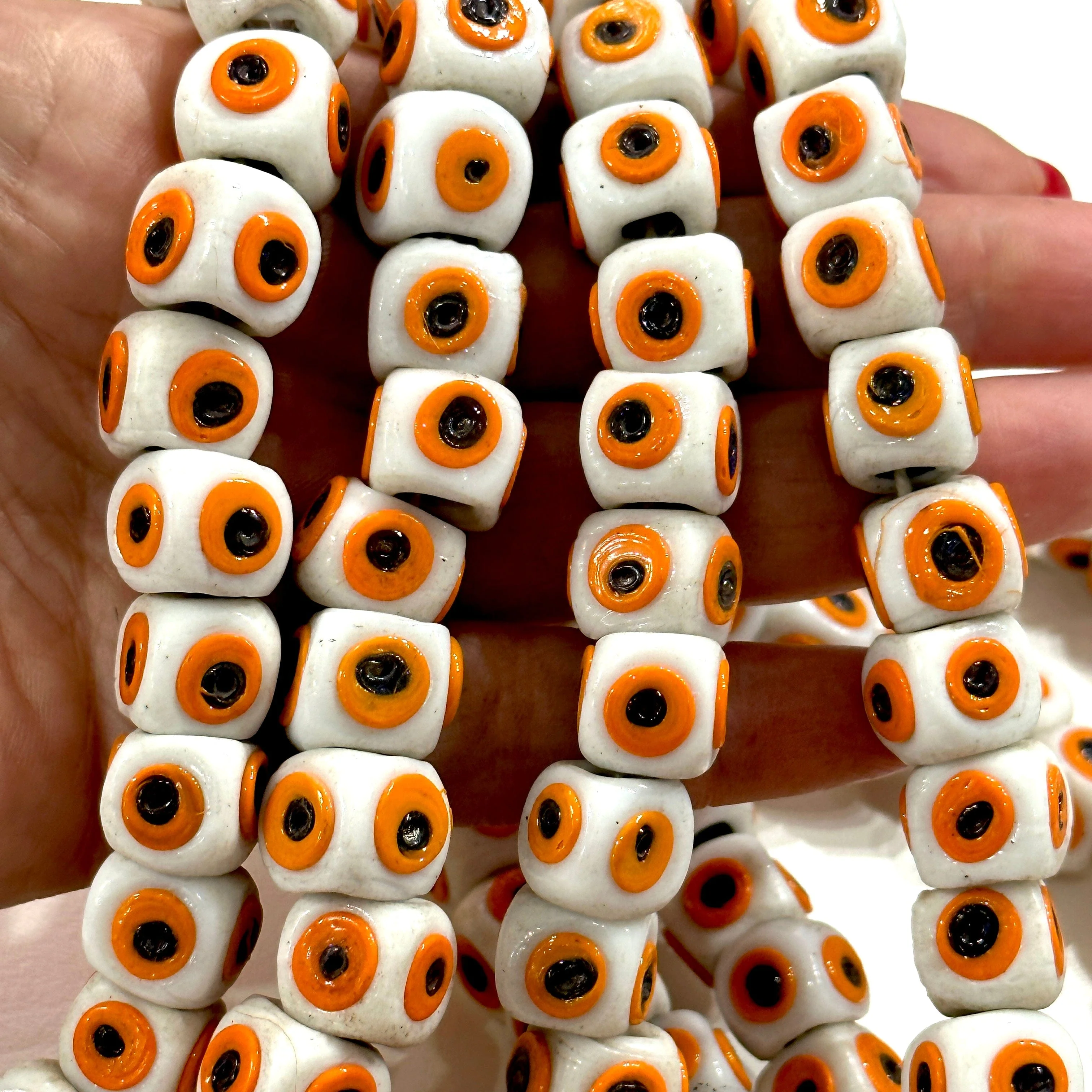Traditional Turkish Artisan Handmade Cube Four Sided Evil Eye Glass Beads, Large Hole Glass Beads, 5 Beads in a pack - Image 2