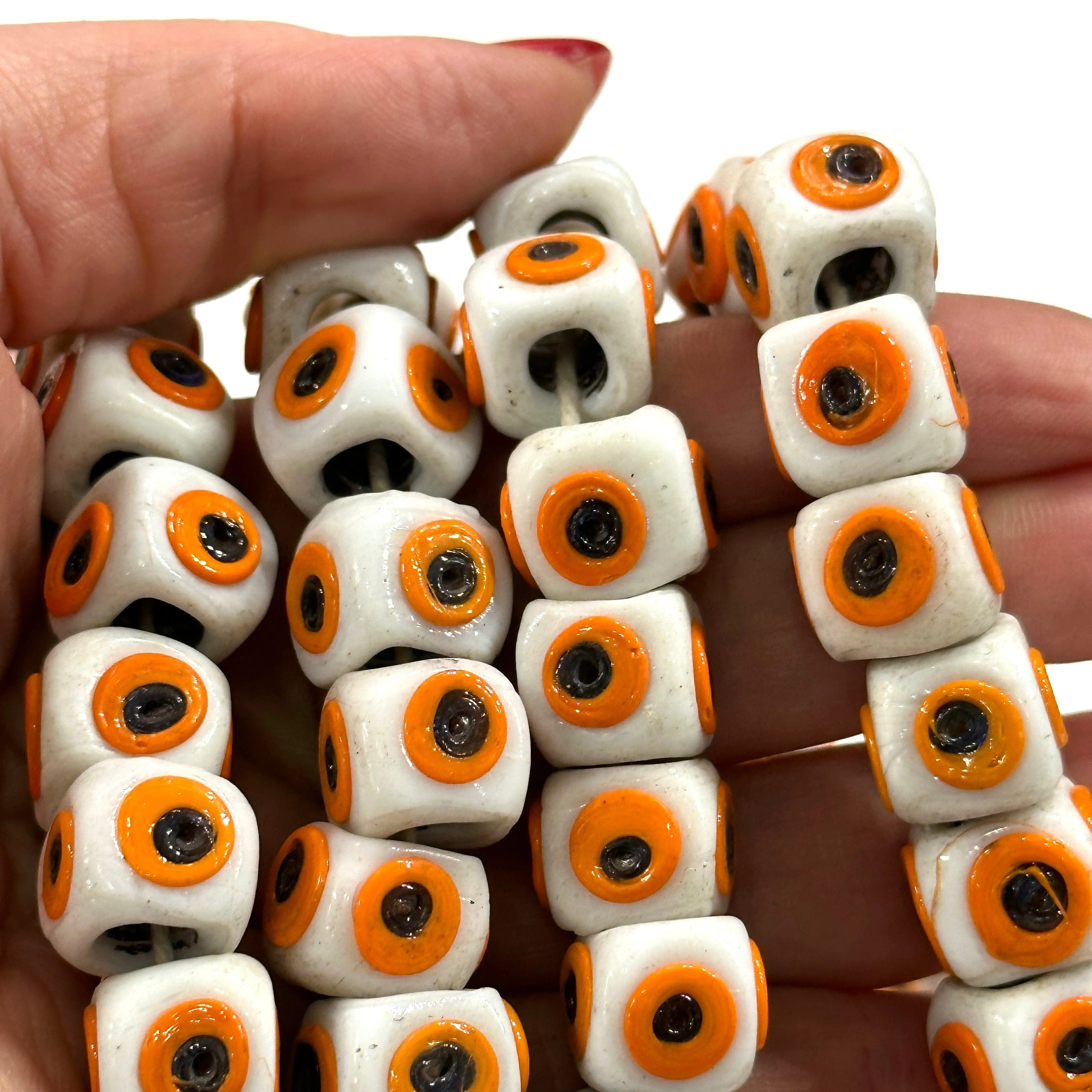 Traditional Turkish Artisan Handmade Cube Four Sided Evil Eye Glass Beads, Large Hole Glass Beads, 5 Beads in a pack - Image 3