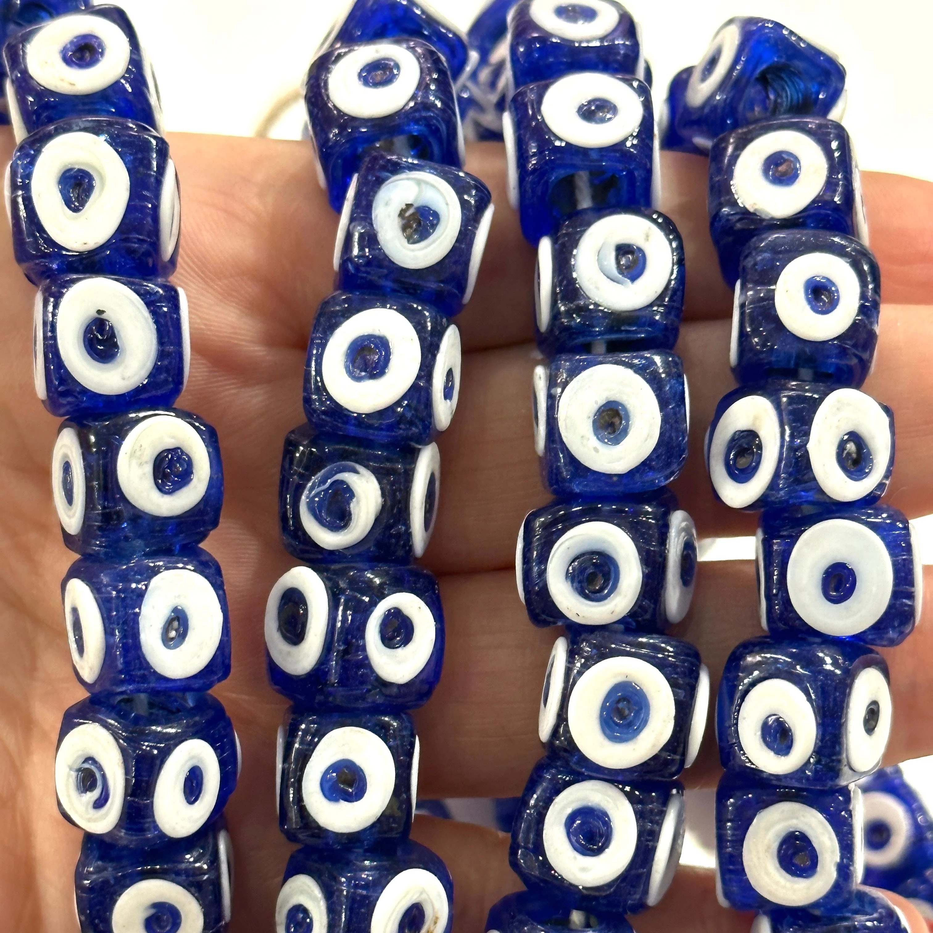 Traditional Turkish Artisan Handmade Cube Four Sided Evil Eye Glass Beads, Large Hole Glass Beads, 5 Beads in a pack - Image 2