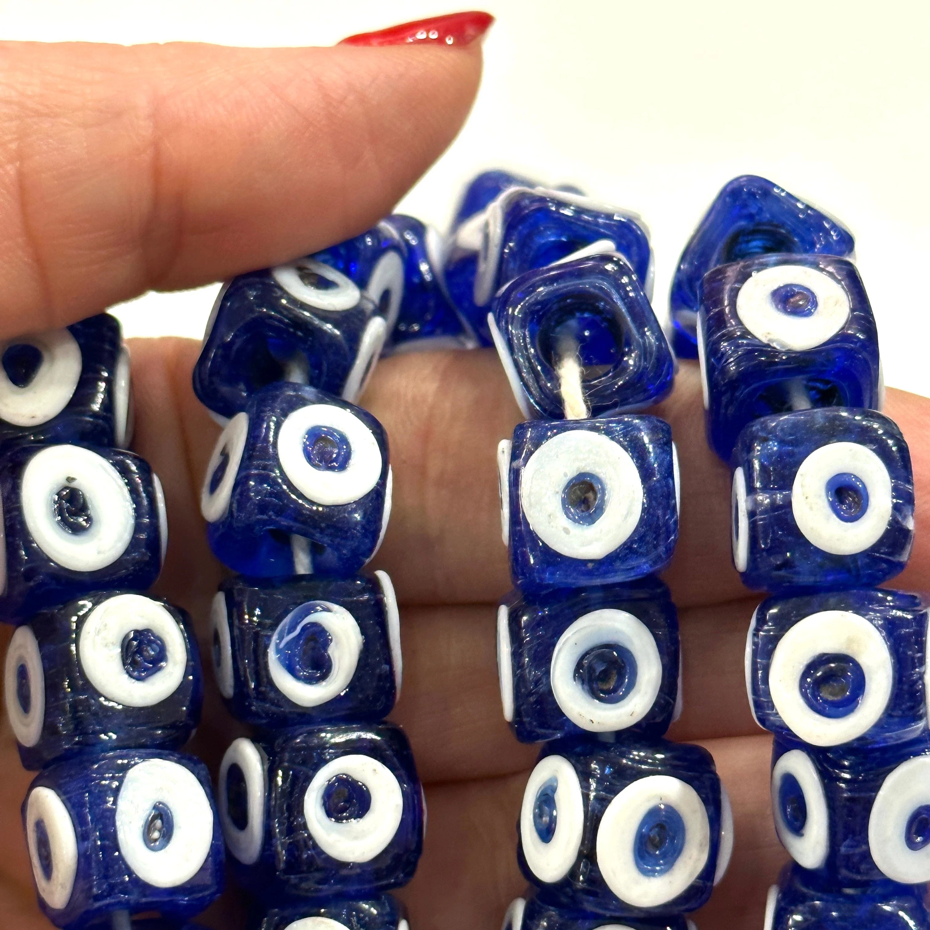 Traditional Turkish Artisan Handmade Cube Four Sided Evil Eye Glass Beads, Large Hole Glass Beads, 5 Beads in a pack - Image 3