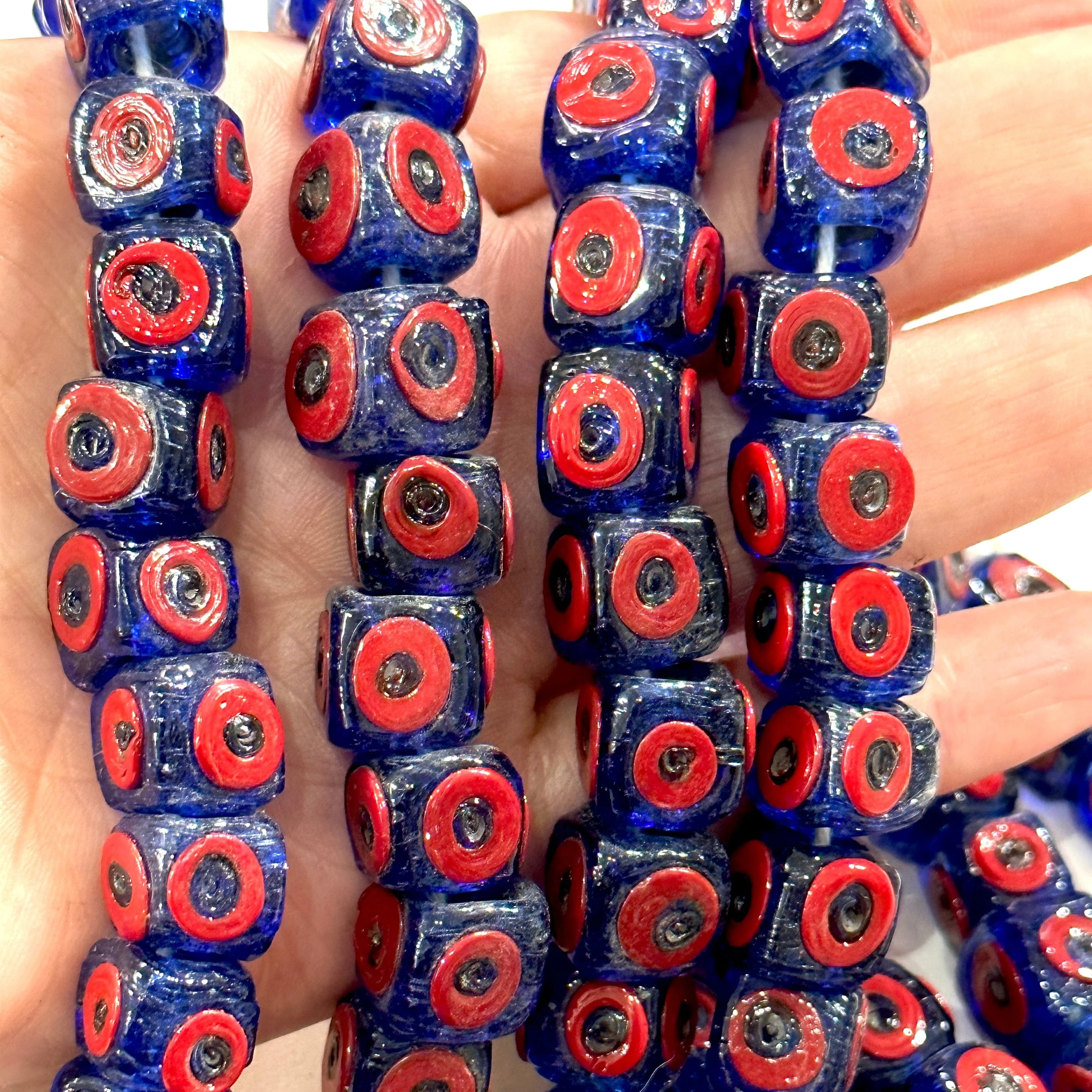 Traditional Turkish Artisan Handmade Cube Four Sided Evil Eye Glass Beads, Large Hole Glass Beads, 5 Beads in a pack - Image 2