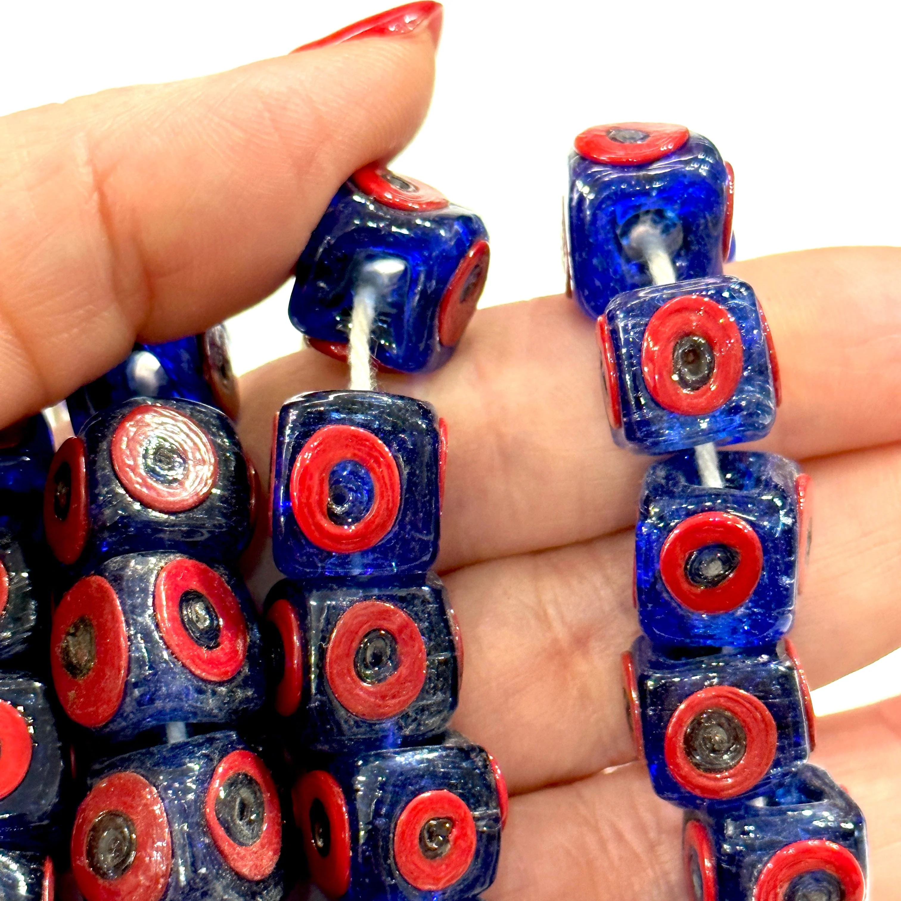 Traditional Turkish Artisan Handmade Cube Four Sided Evil Eye Glass Beads, Large Hole Glass Beads, 5 Beads in a pack - Image 3