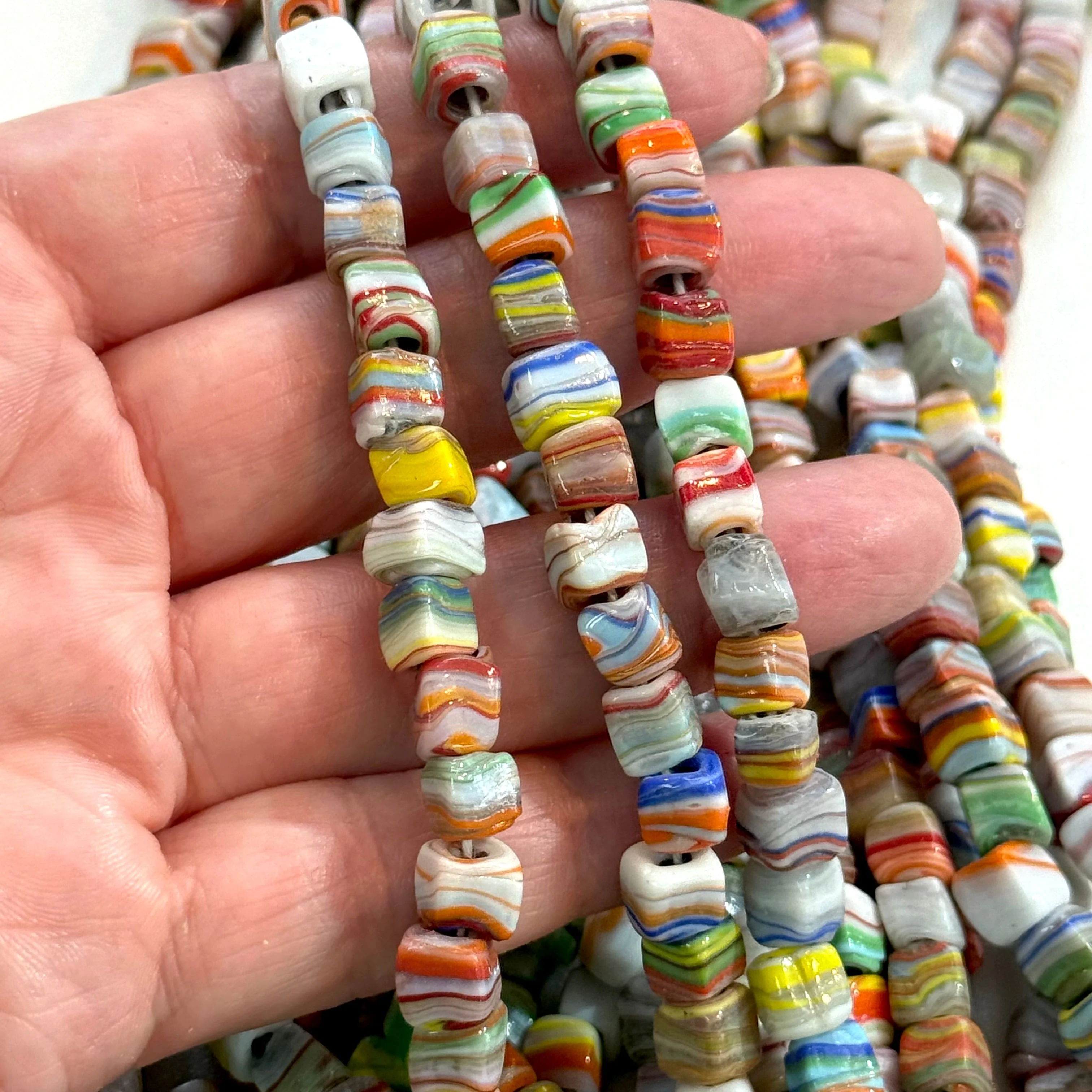 Traditional Turkish Artisan Handmade Cube Glass Beads, Large Hole Glass Beads, 50 Beads in a pack