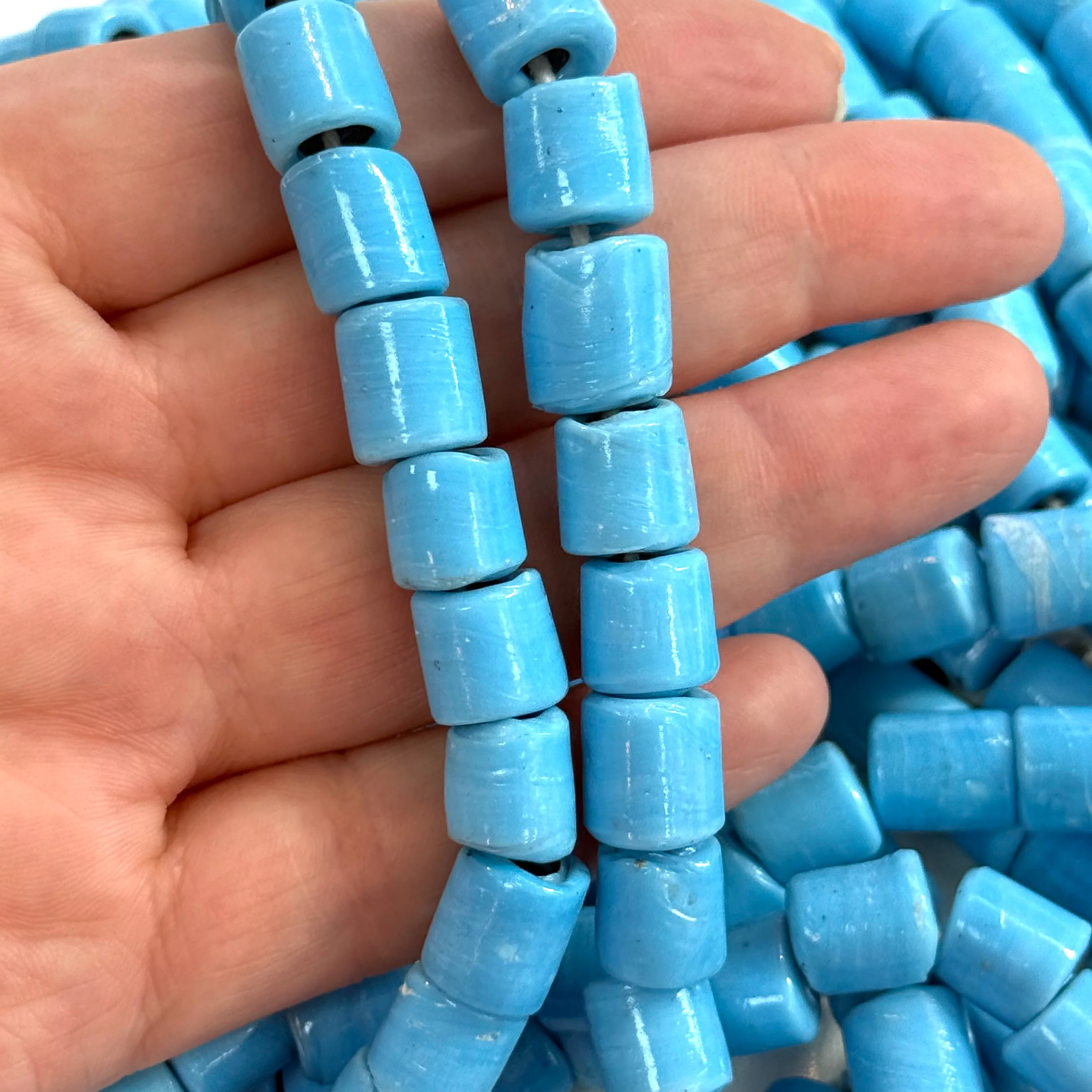 Traditional Turkish Artisan Handmade Cylinder Glass Beads, Large Hole Glass Beads, 10 Beads in a pack
