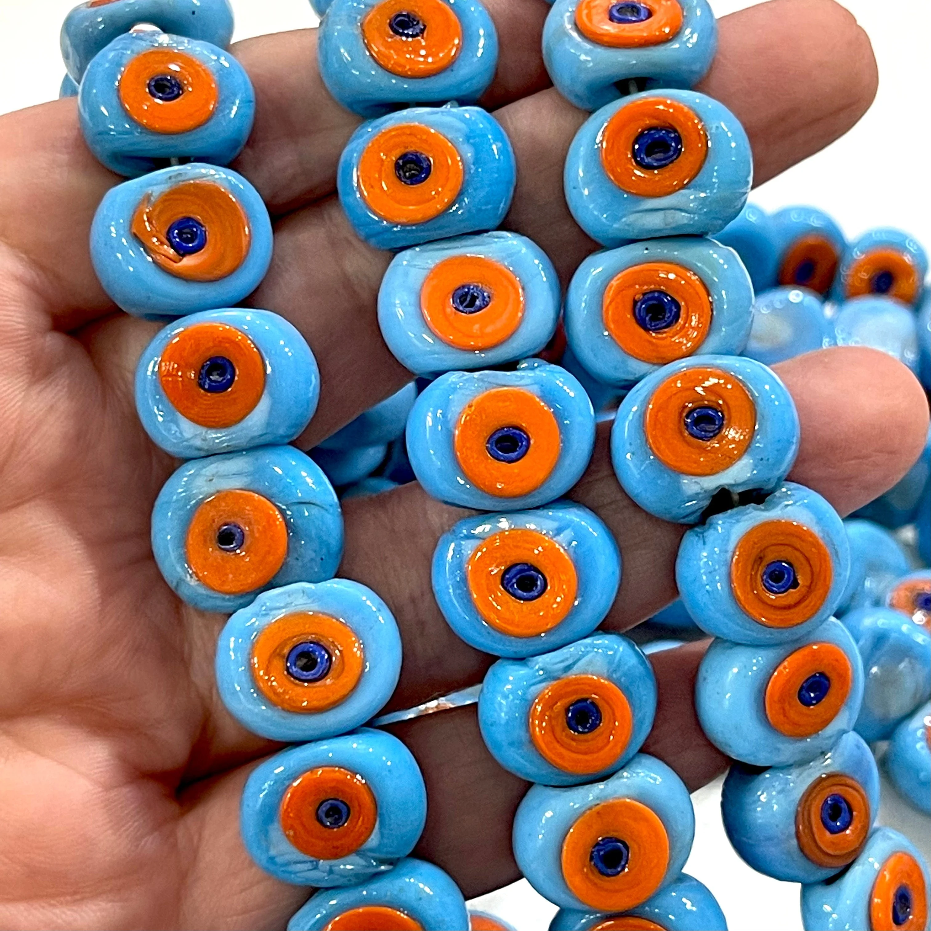 Traditional Turkish Artisan Handmade Glass Evil Eye Beads, Large Hole Evil Eye Glass Beads, 25 Beads per pack