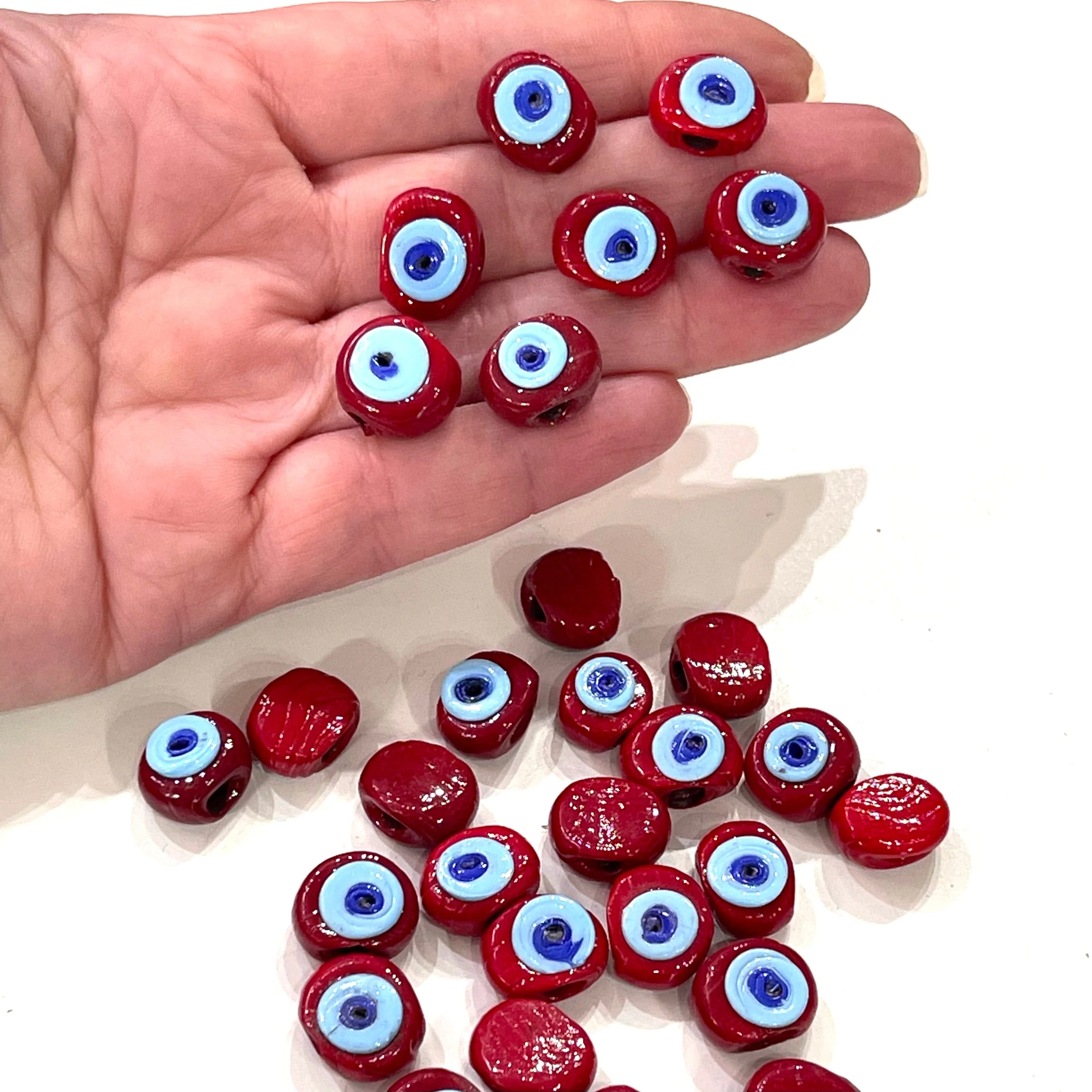 Traditional Turkish Artisan Handmade Glass Evil Eye Beads, Large Hole Evil Eye Glass Beads, 25 Beads per pack