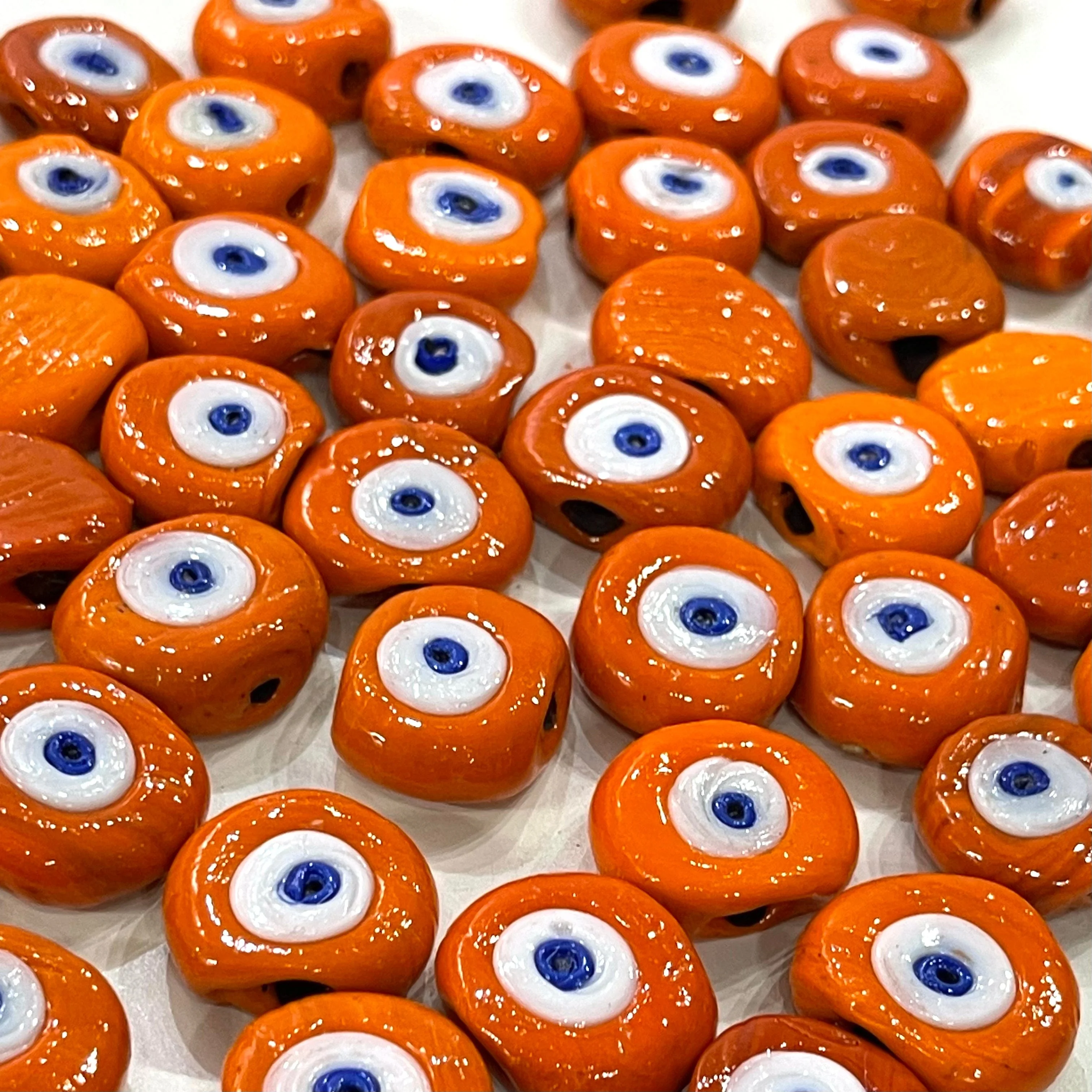 Traditional Turkish Artisan Handmade Glass Orange Evil Eye Beads, Large Hole Evil Eye Glass Beads, 5 Beads per pack - Image 2
