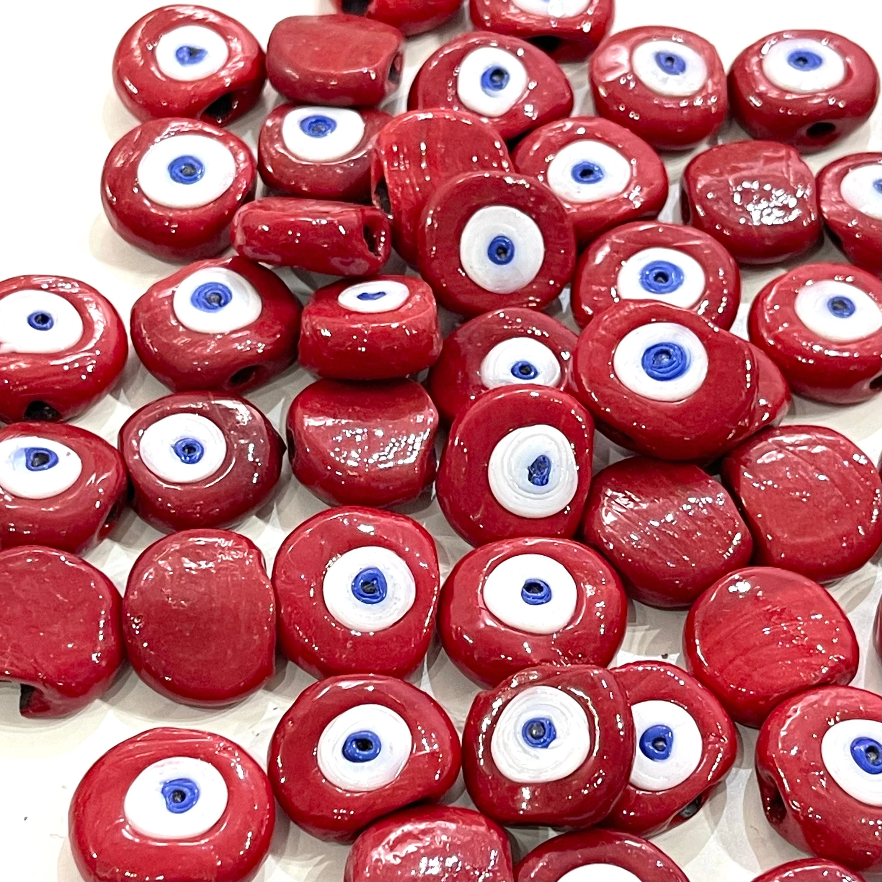 Traditional Turkish Artisan Handmade Glass Red Evil Eye Beads, Large Hole Evil Eye Glass Beads, 25 Beads per pack - Image 2