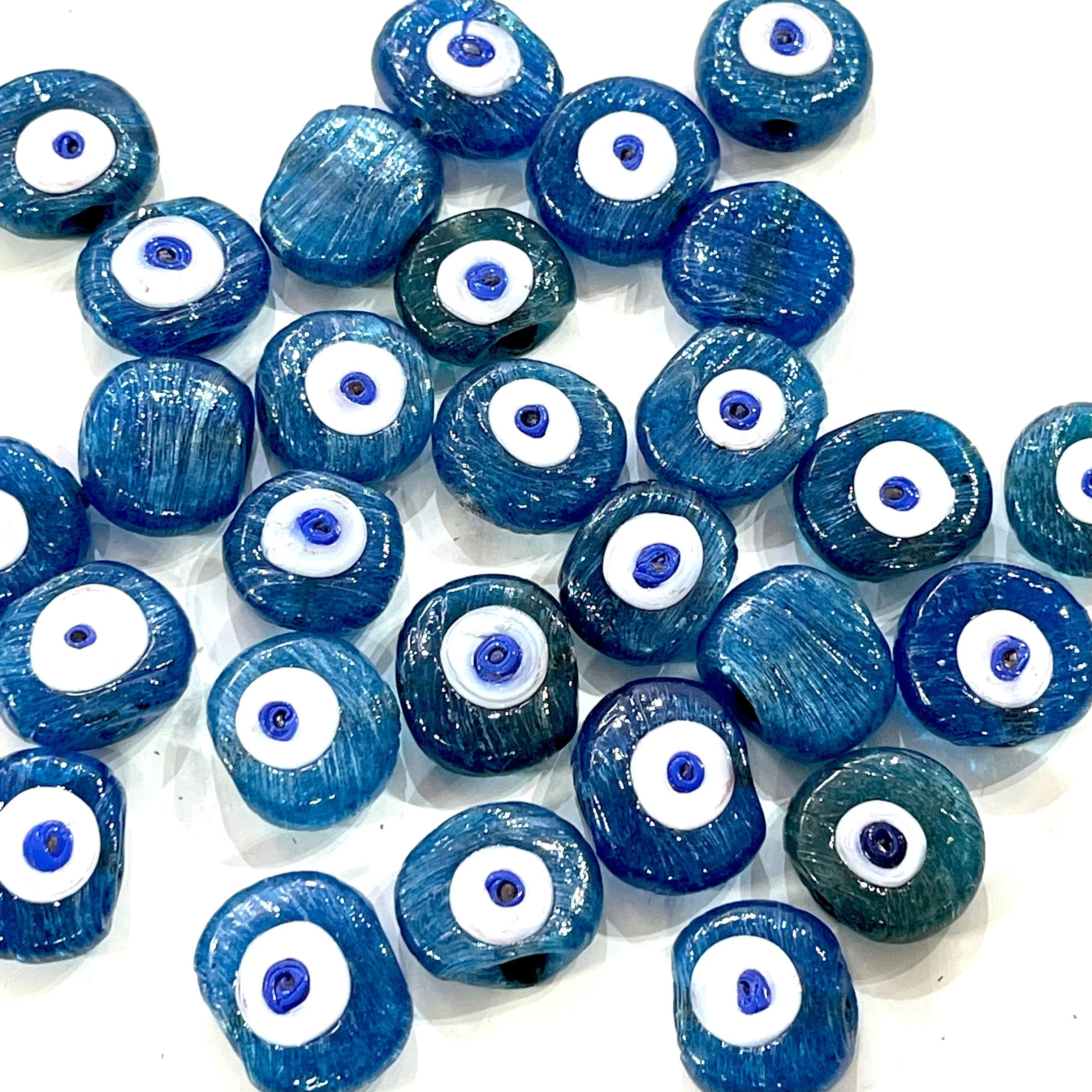 Traditional Turkish Artisan Handmade Glass Teal Blue Evil Eye Beads, Large Hole Evil Eye Glass Beads, 25 Beads per pack - Image 2